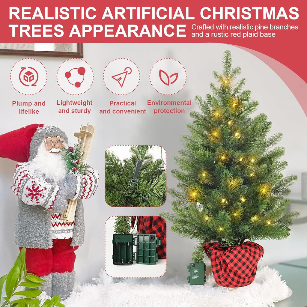 Artificial Christmas Tree 3FT Tabletop Mini Pine Tree with Red Plaid Base Small Xmas Tree for Holiday Decoration Indoor Home Office Desk Bookshelf Fireplace Front Porch Christmas Décor