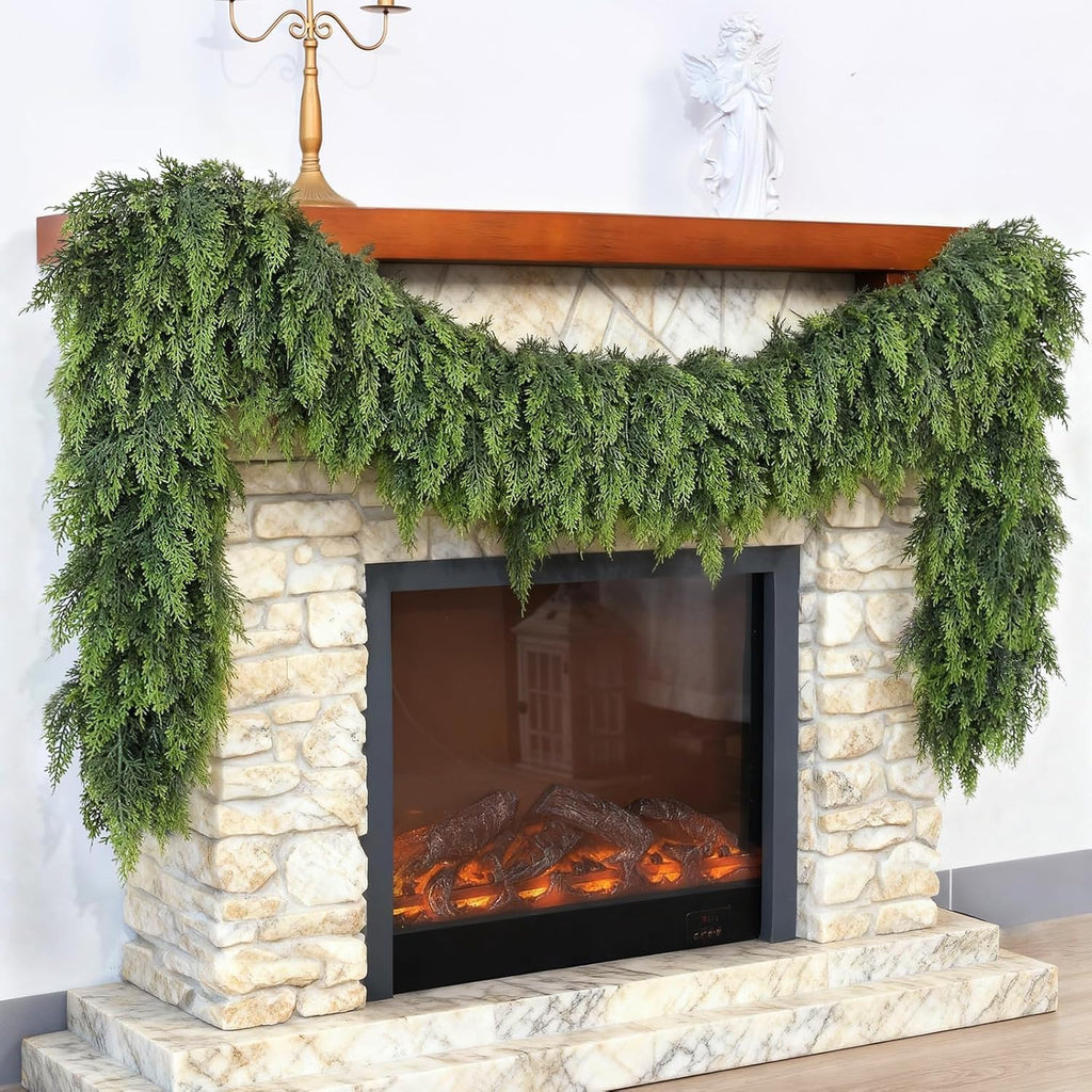 Christmas Garland Real Touch Cedar Garland Christmas Decorations 6 ft Soft and Lush Realistic Faux Pine Garlands for Mantle Table Stairs Door Doorframe Fireplace Indoor Outdoor Holiday Decorations