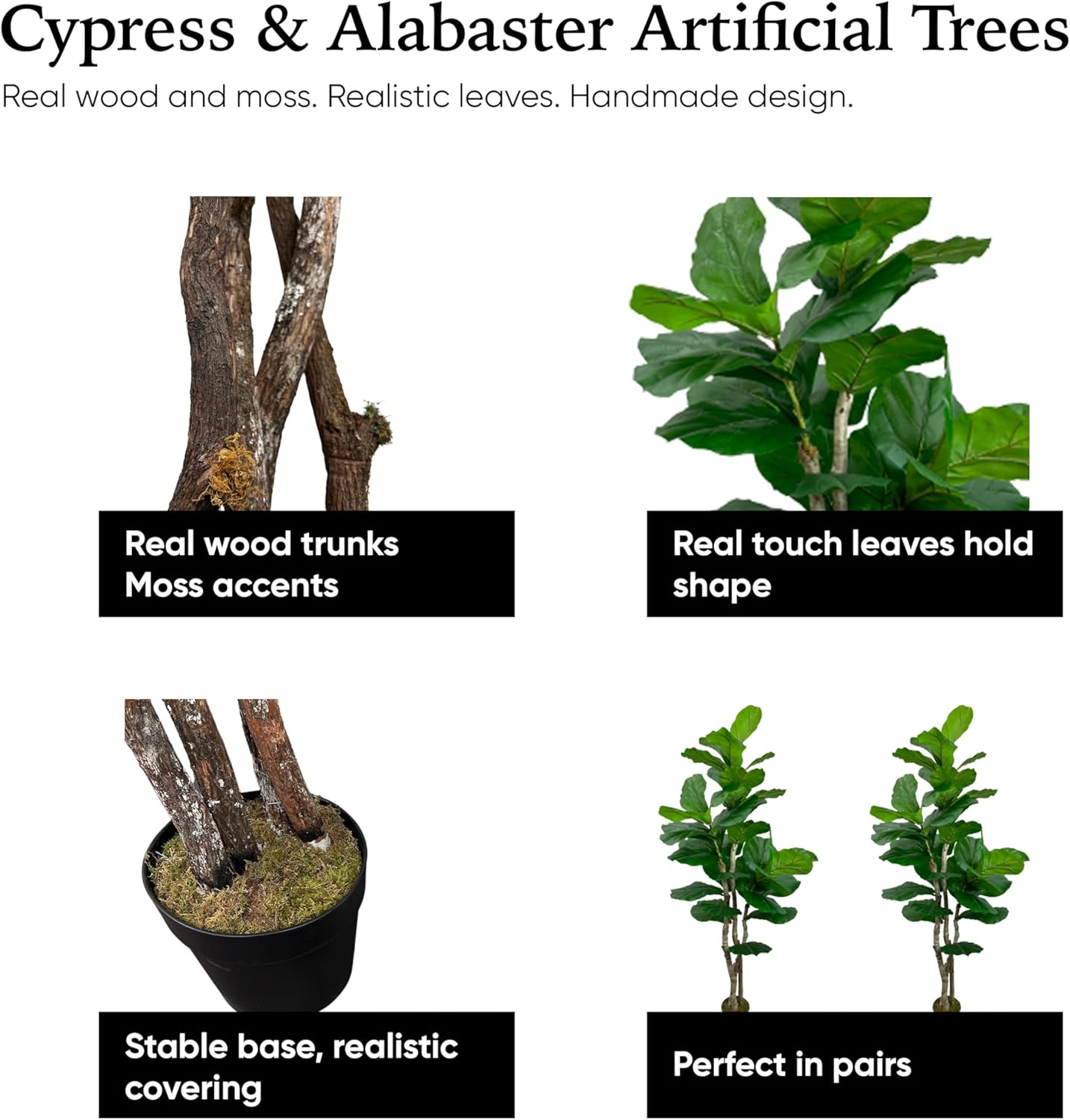 Cypress & Alabaster Handmade 6ft Oversized Fiddle Leaf Fig Ficus Lyrata Artificial Tree with Ethically Sourced Real Wood Trunks, Hypoallergenic, 6-Foot, Green