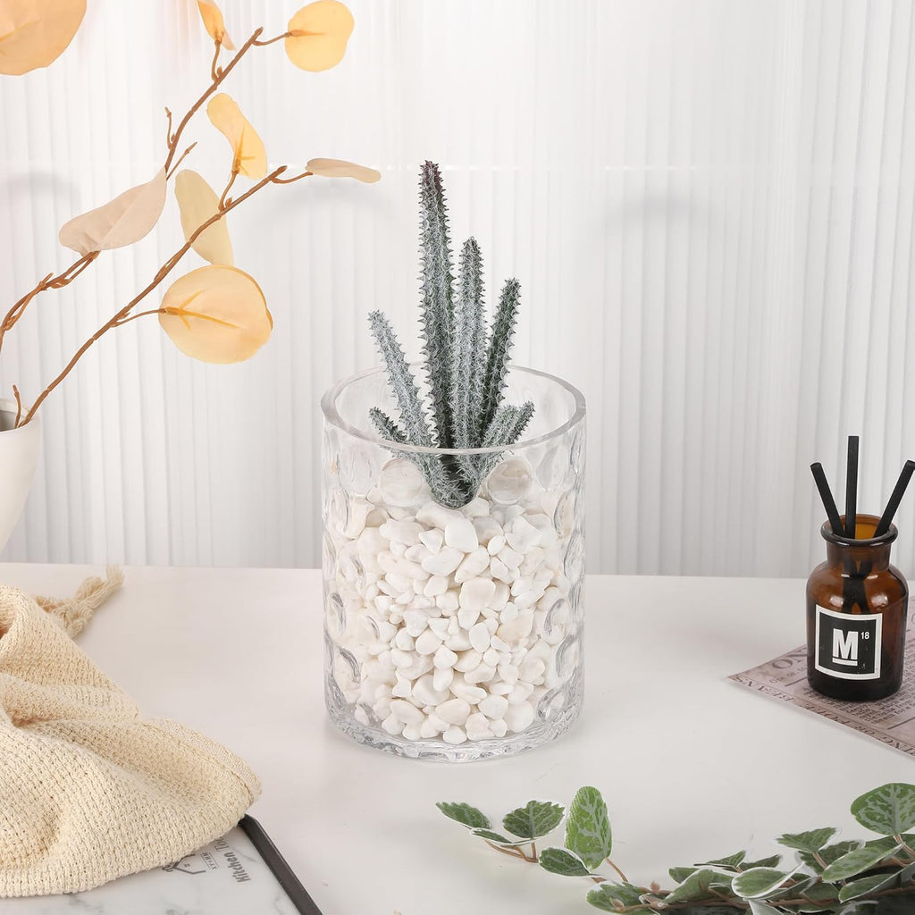 5‘ Wide 6" High Decorative Glass Cylinder Vase with Dimpled Circle Pattern, 8 Inch Tall, Clear (1, 5"x6")