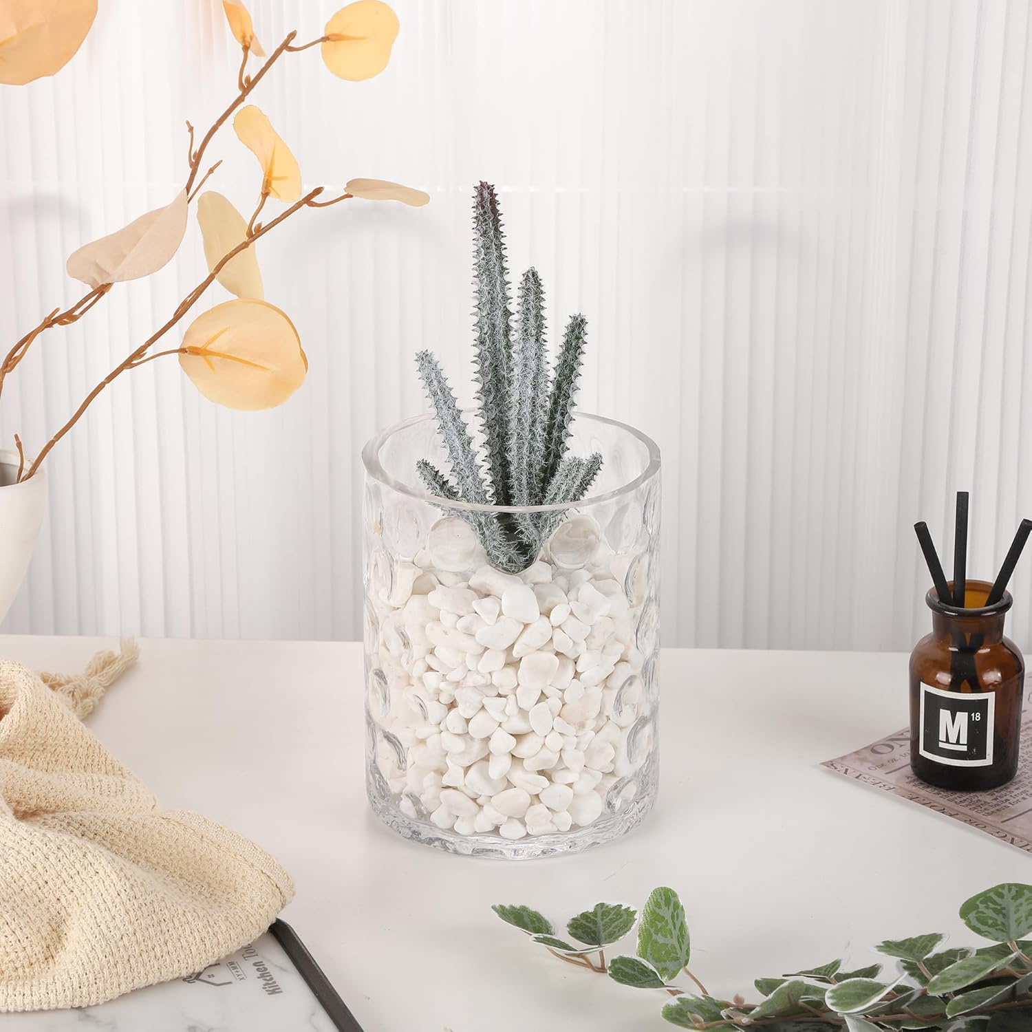 5‘ Wide 6" High Decorative Glass Cylinder Vase with Dimpled Circle Pattern, 8 Inch Tall, Clear (1, 5"x6")