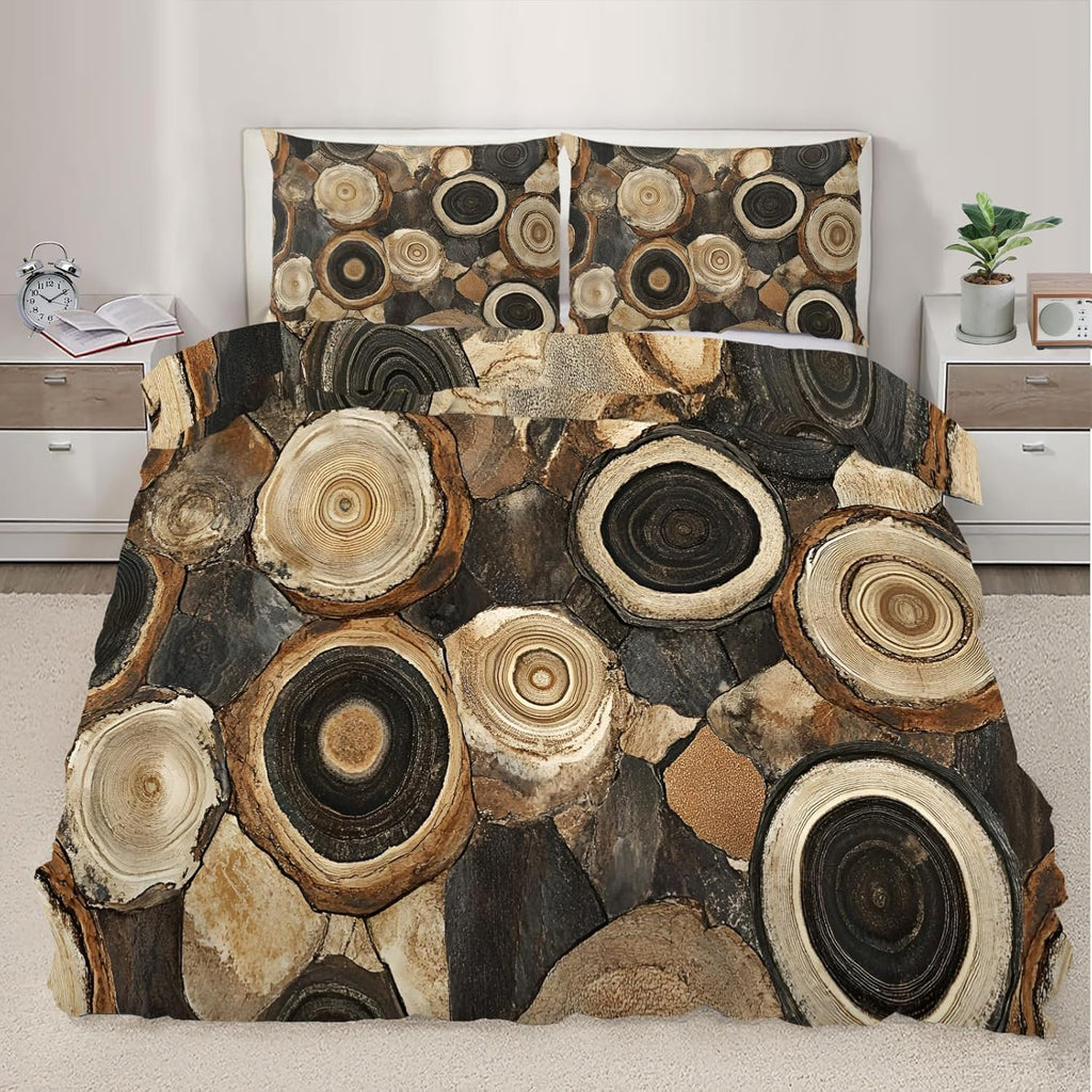 Wooden Logs Duvet Cover Full Size, Brown Wood Textures Bedding Set 3 Piece Bedroom Decor Circles Timber Oak Grain Patterned Comforter Cover with Zipper Ties & 2 Pillowcases