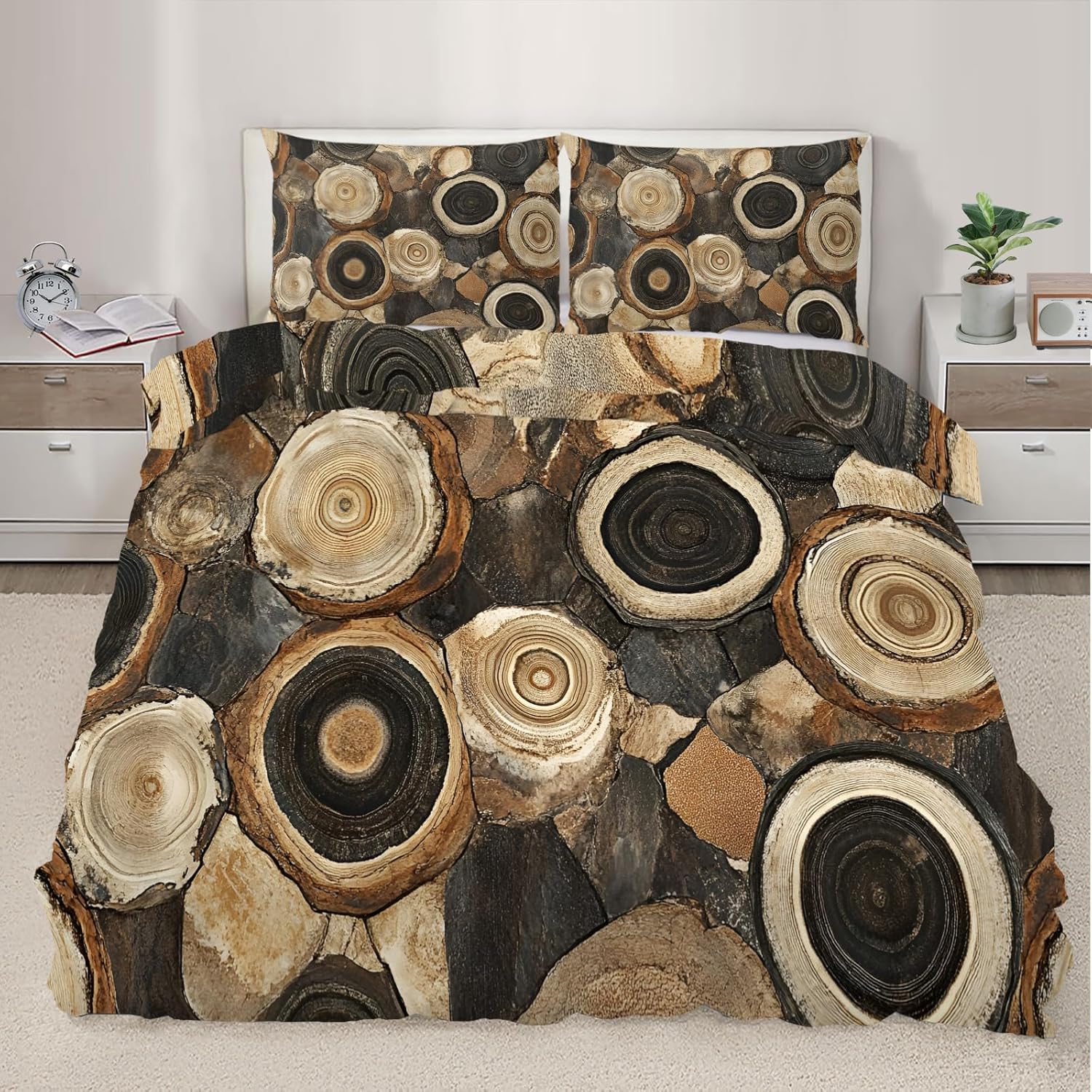 Wooden Logs Duvet Cover Full Size, Brown Wood Textures Bedding Set 3 Piece Bedroom Decor Circles Timber Oak Grain Patterned Comforter Cover with Zipper Ties & 2 Pillowcases