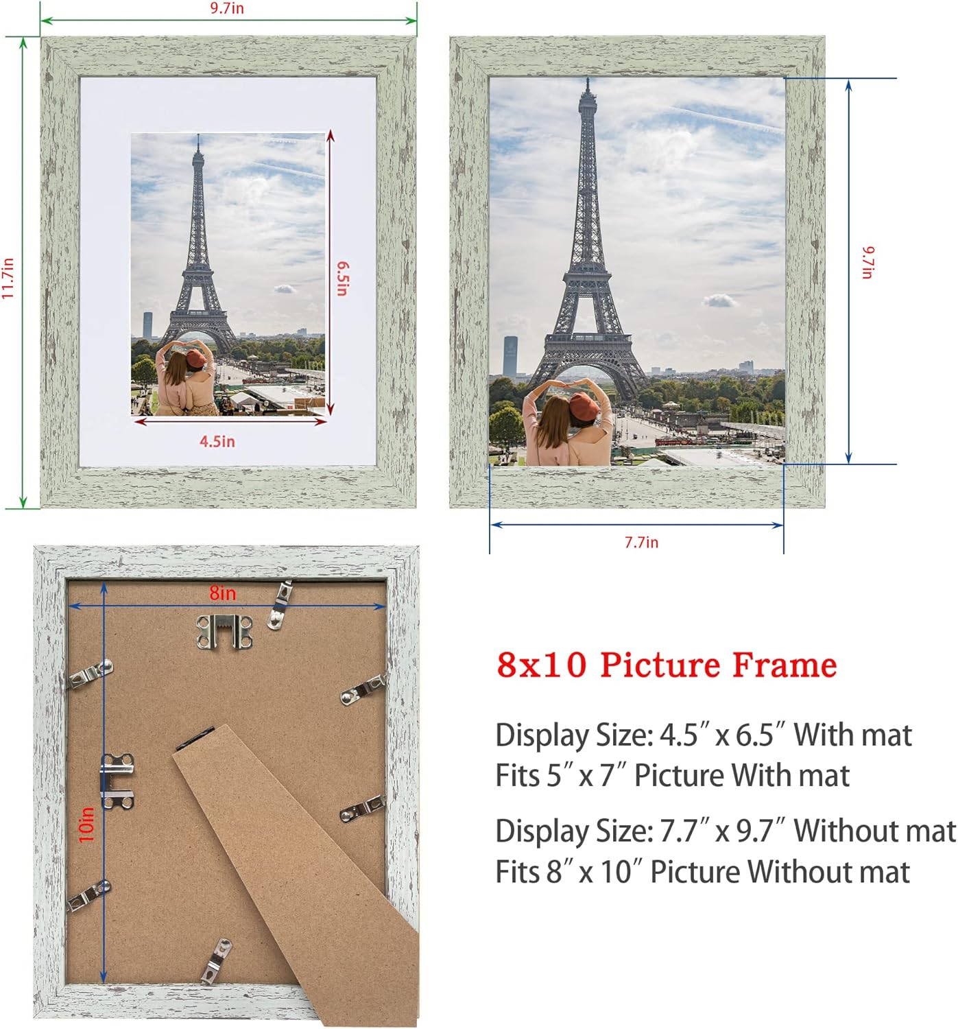8x10 Picture Frame Set of 4, Made of Real Glass and Sage Green Wooden Frame, 8 by 10 Photo for Wall or Tabletop - Display Picture 5x7 with Mat or 8x10 Without Mat