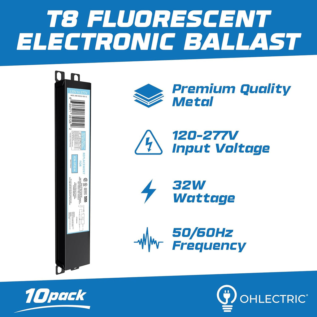 OHLECTRIC 10 Pack - Replacement for ICN1P32-SC 1 Lamp - T8 Fluorescent Ballast, Electronic Ballast Replacement 120-277 Volt, Instant Start - Standard and Energy Efficient Ballasts - UL Approved