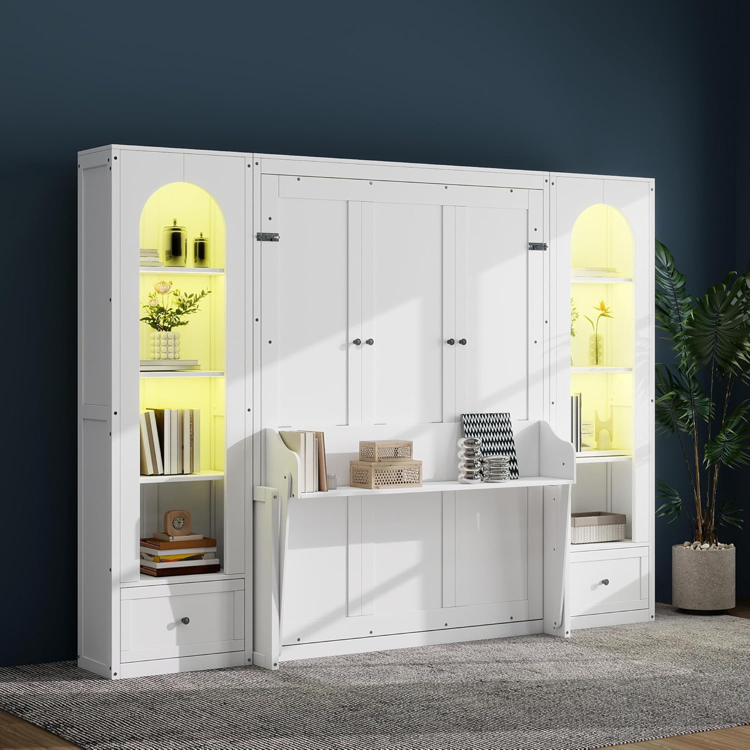 MERITLINE Queen Murphy Bed with Desk and Storage & LED Light, Solid Wood Hideaway Murphy Wall Bed with Storage Bookcase Shelves and Drawers for Adults (White,Queen)