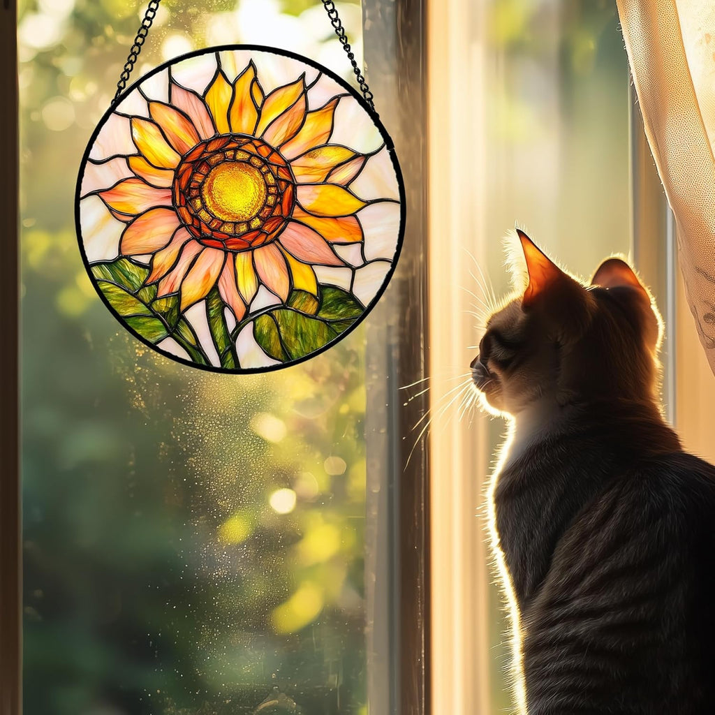 Stained Glass Window Hanging 4 Pcs Set Lily Rose Sunflower Poppy Large 15" - Flower Suncatcher Door Garden Sun Catcher Decor Birthday Mother's Day for Wife Woman Nana Girl