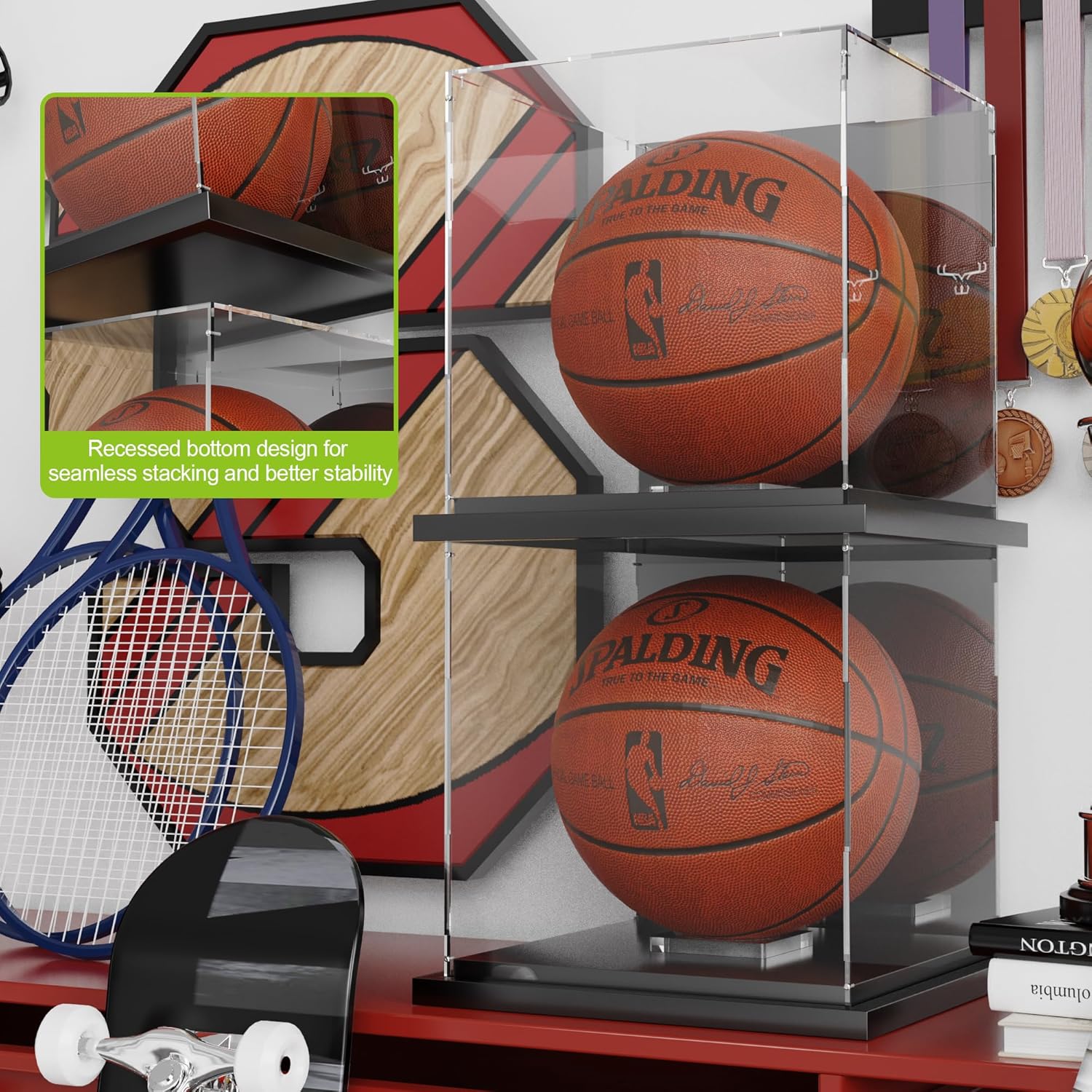 Putros Basketball Display Case with Mirror and Black Metal Grooved Base Acrylic Basketball Case with Transparent Removable Built-in Basketball Display Stand for Autographed Basketball