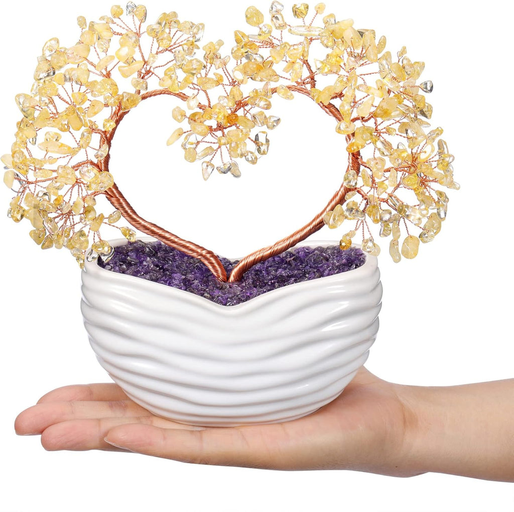 GEHECRST Citrine Crystal Heart Tree Handmade Healing Crystal Gemstone Money Trees Stone Bonsai Tree Energy Feng Shui Ornament for Home Office Desk Decor Crystals Gift for Mom Mothers Day Women