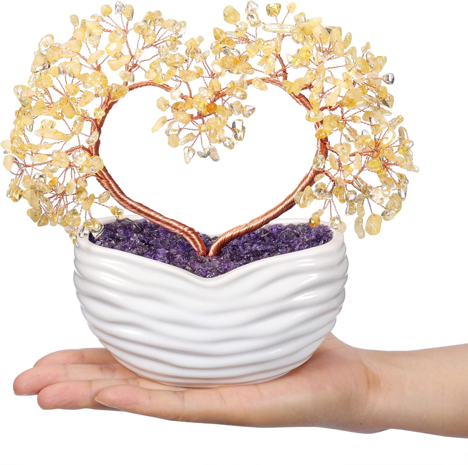 GEHECRST Citrine Crystal Heart Tree Handmade Healing Crystal Gemstone Money Trees Stone Bonsai Tree Energy Feng Shui Ornament for Home Office Desk Decor Crystals Gift for Mom Mothers Day Women