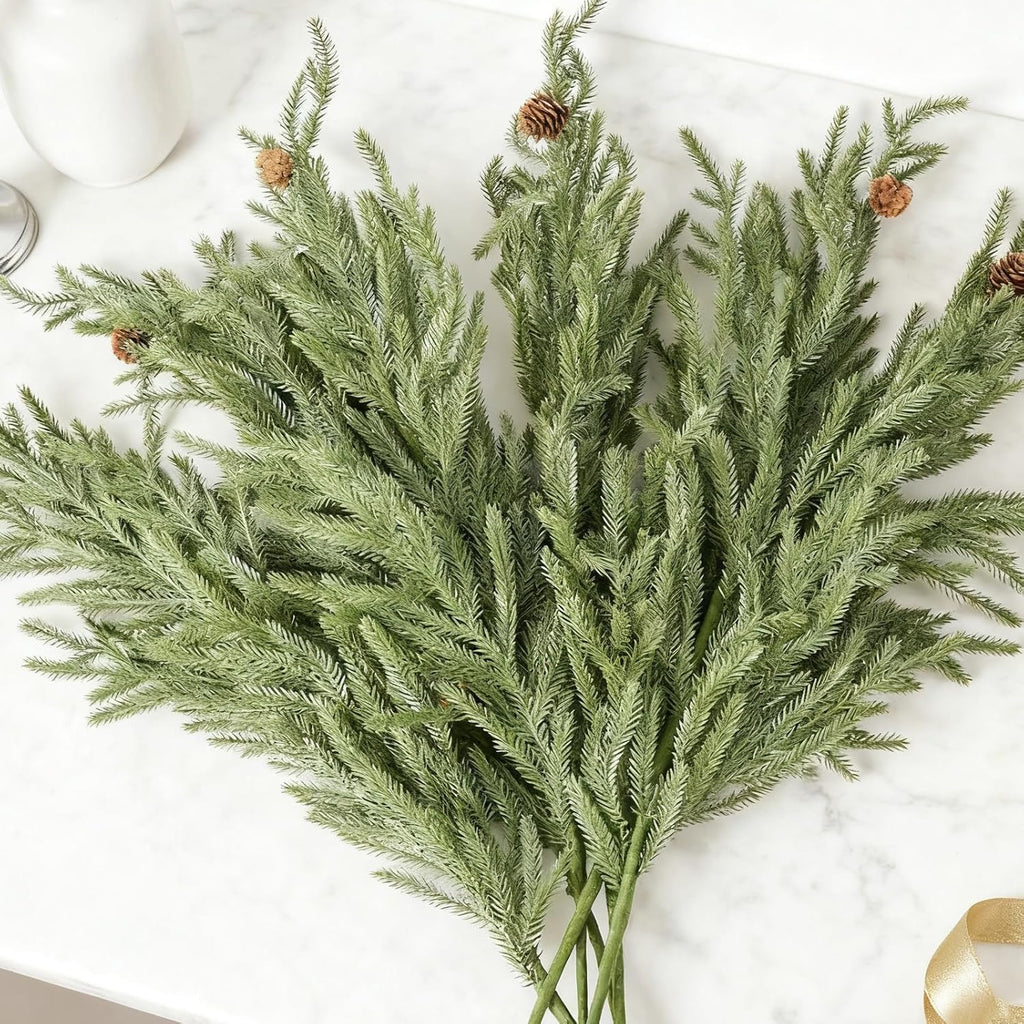 DN DECONATION Artificial Christmas Norfolk Pine Stems, Faux Pine Branches with Cones 35.4" 6PCS - Greenery Fake Pine Needles for Vase Arrangements, Winter, Holiday Indoor Outdoor Home Decor