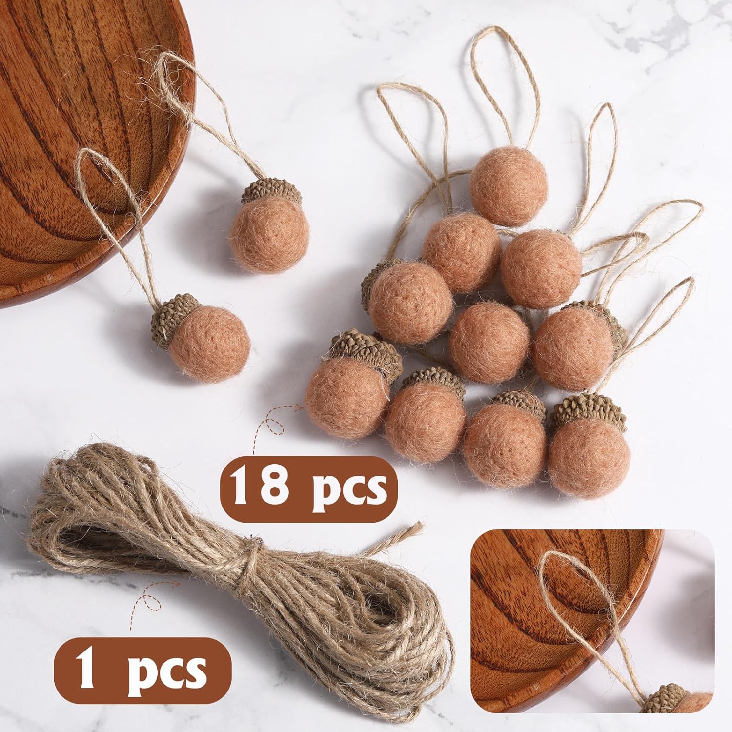 Boao 18 Pcs Felt Acorn Ornaments Christmas Thanksgiving Wool Pom Acorn Ball Decor Hanging Pine Cone Garland with 32.8 ft Rope for Fall Tree Woodland Farmhouse Mantel Wall Decor