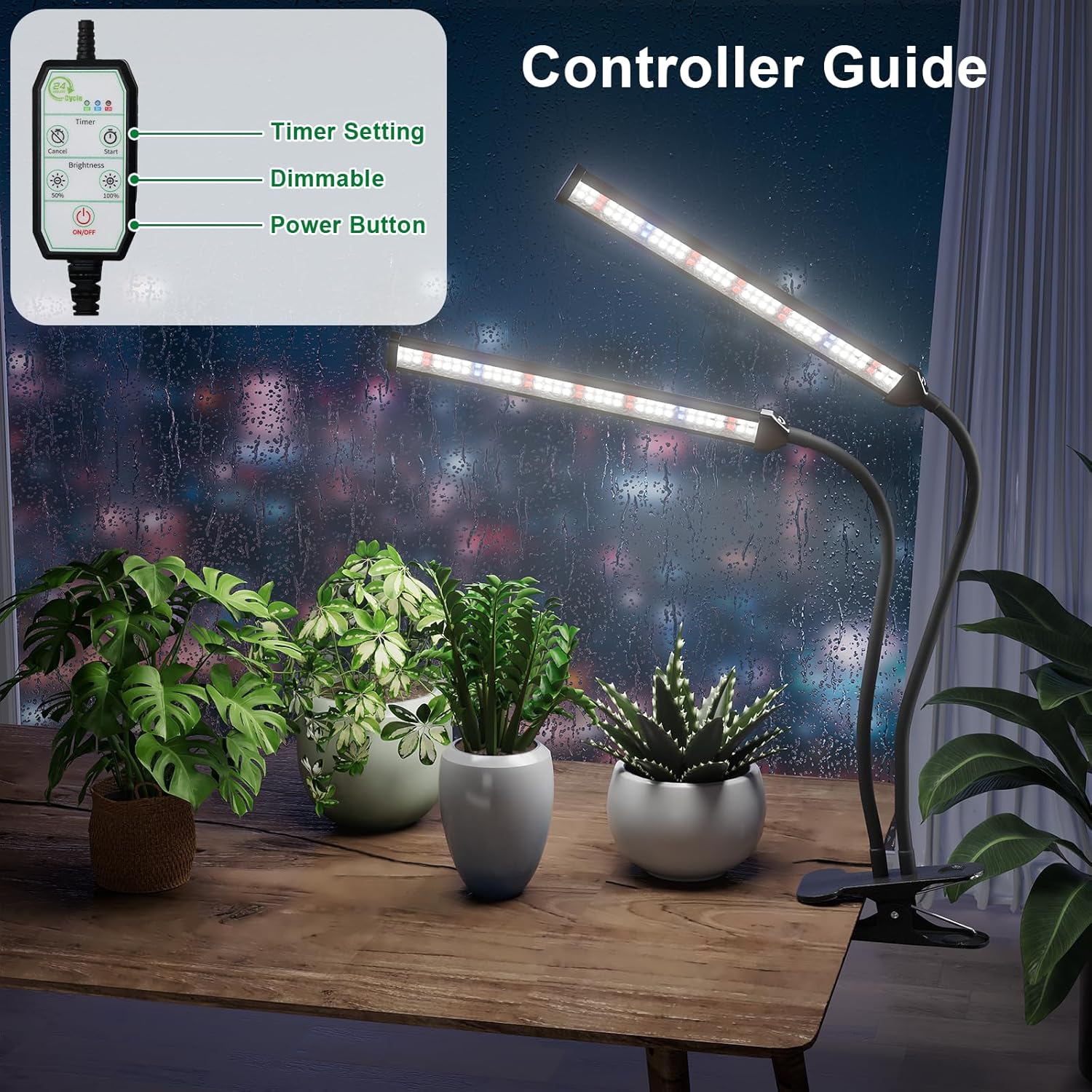 GooingTop Grow Light LED Gooseneck Lamp,Dual-Head White Full Spectrum 148 LED Plant Lamp with Red Blue Light Clip-on Desk for Indoor Plants Growing,Diming & Auto Timer,Super Bright