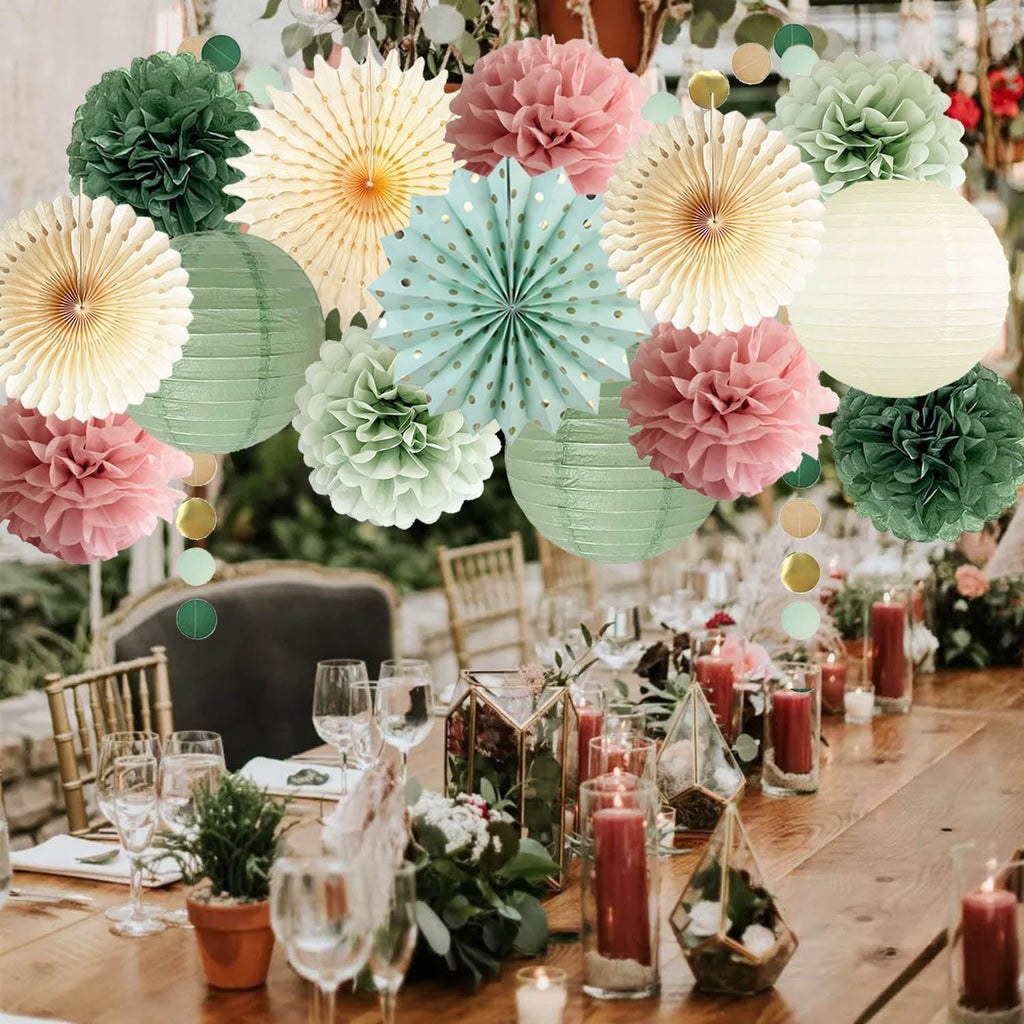 Sage Green and Dusty Pink Party Decorations Green & Pink Party Decor Sage Tissue Pom Poms Paper Lanterns Beige Paper Fans for Women Girls Birthday Wedding Bridal Shower Baby Shower Party Decor