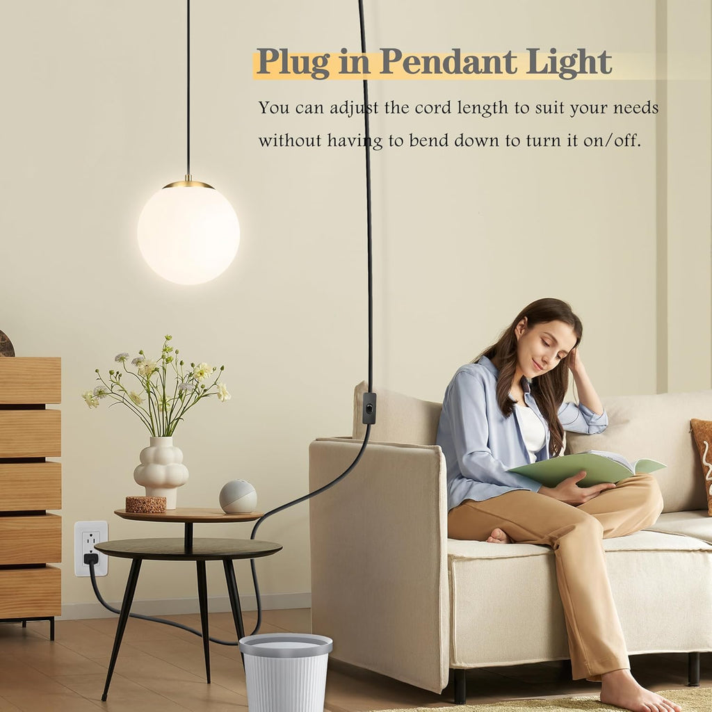 KoKo&Yukina 8" Globe Pendant Light Gold Plug in Pendant Light Adjustable Hanging Lights with Plug in Cord Brushed Gold Finished with Milk Glass Lampshade for Bedroom Kitchen Island（Bulb Included）