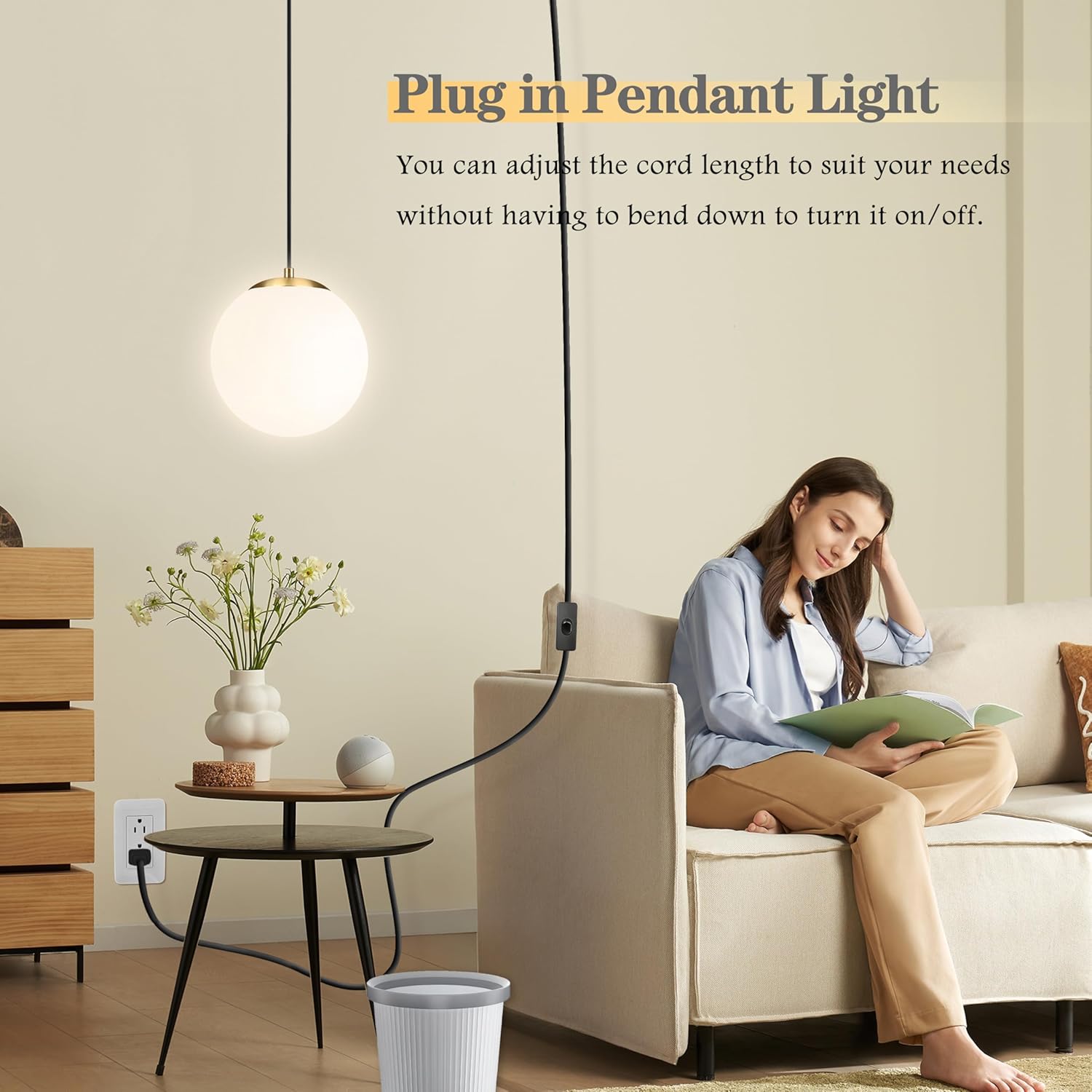 KoKo&Yukina 8" Globe Pendant Light Gold Plug in Pendant Light Adjustable Hanging Lights with Plug in Cord Brushed Gold Finished with Milk Glass Lampshade for Bedroom Kitchen Island（Bulb Included）