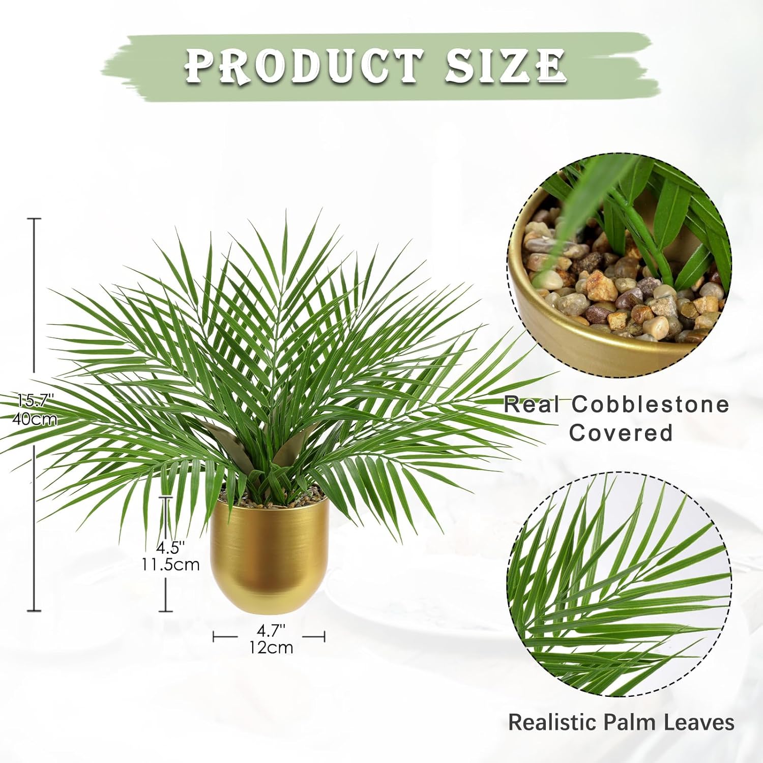 Briful Fake Plant 15.7’’ Artificial Palm Plant in Gold Pot Real Touch Faux Tropical Palm Tree Houseplant for Home Indoor Living Room Tabletop Balcony Decorations