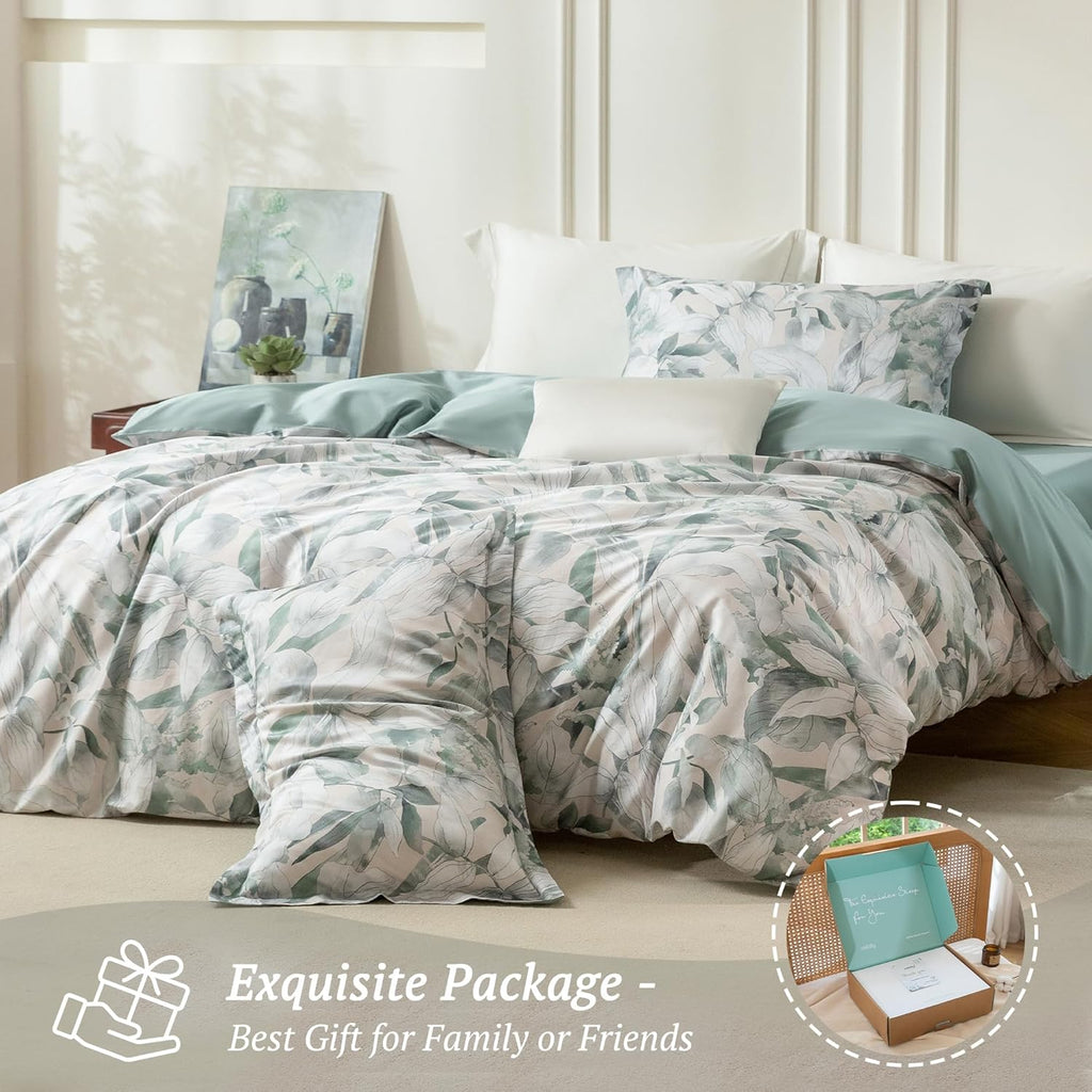 MILDLY King Size Duvet Cover Set 100% Long-Staple Cotton Luxury Sage Green Leaves Patten Reversible Comforter Cover Set 3Pcs