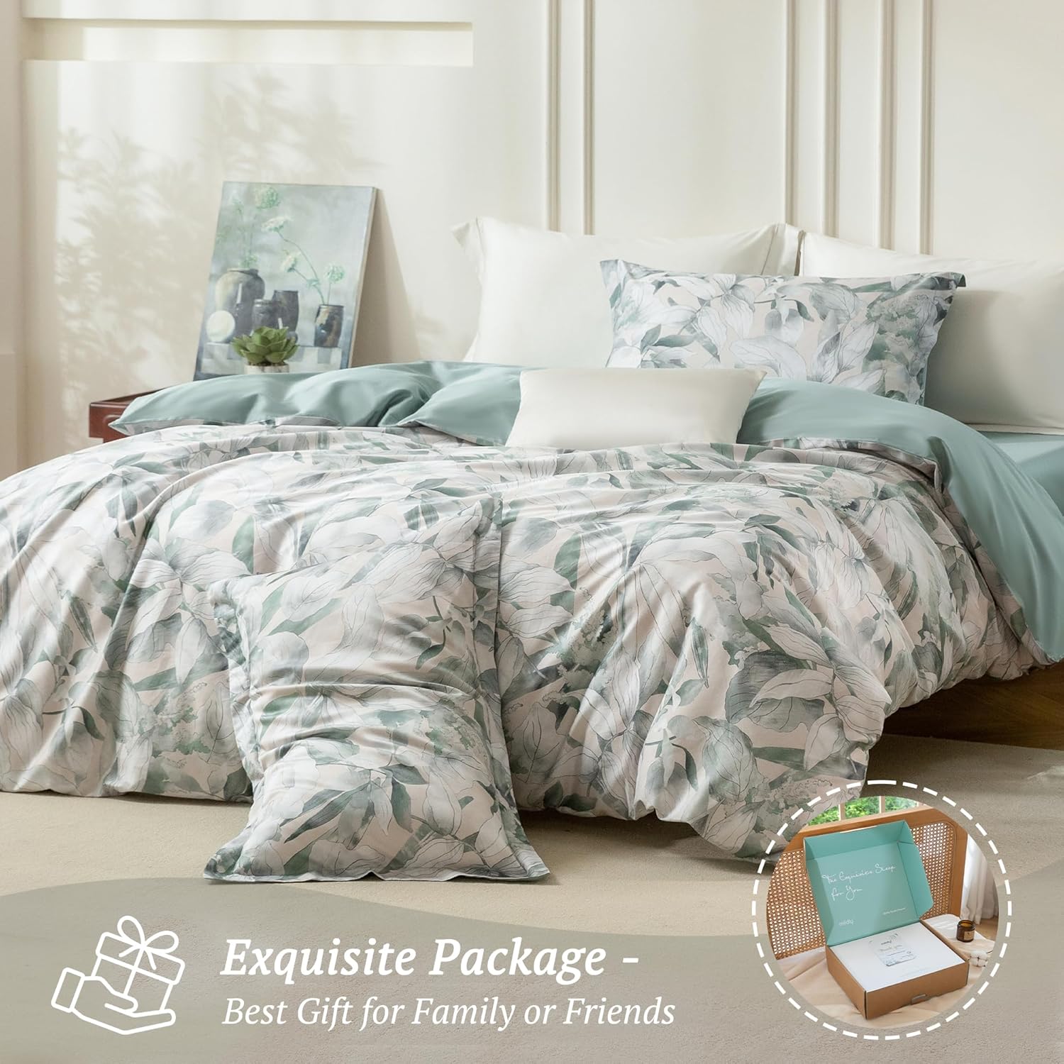 MILDLY King Size Duvet Cover Set 100% Long-Staple Cotton Luxury Sage Green Leaves Patten Reversible Comforter Cover Set 3Pcs