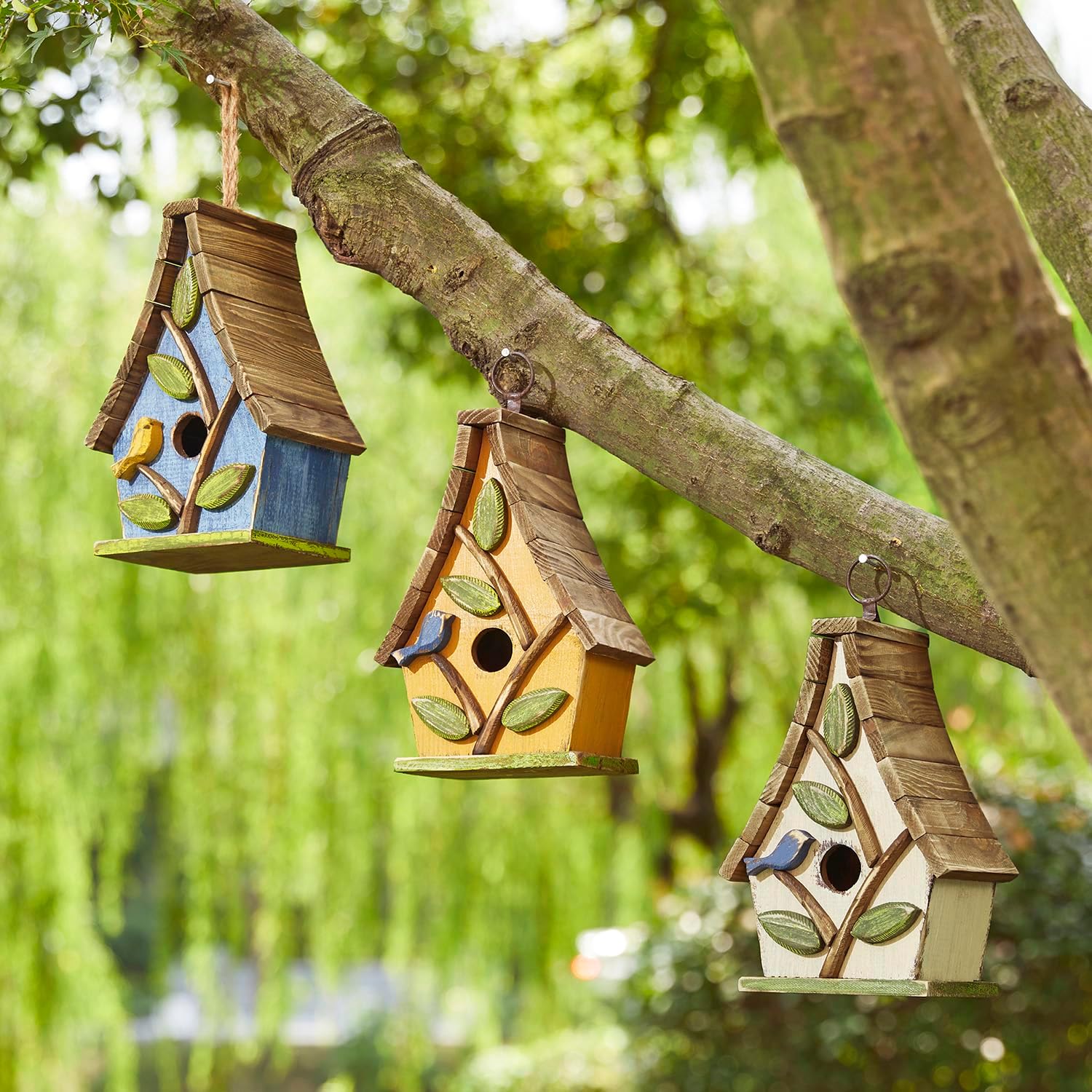 Glitzhome Bird Houses for Outdoors, Solid Wood Bluebird Houses for Outside, 9.5" H Garden Decorative Hanging Birdhouse with Natural Wood Pallet Roof for Finch Swallow Wren Chickadee,Washed Yellow