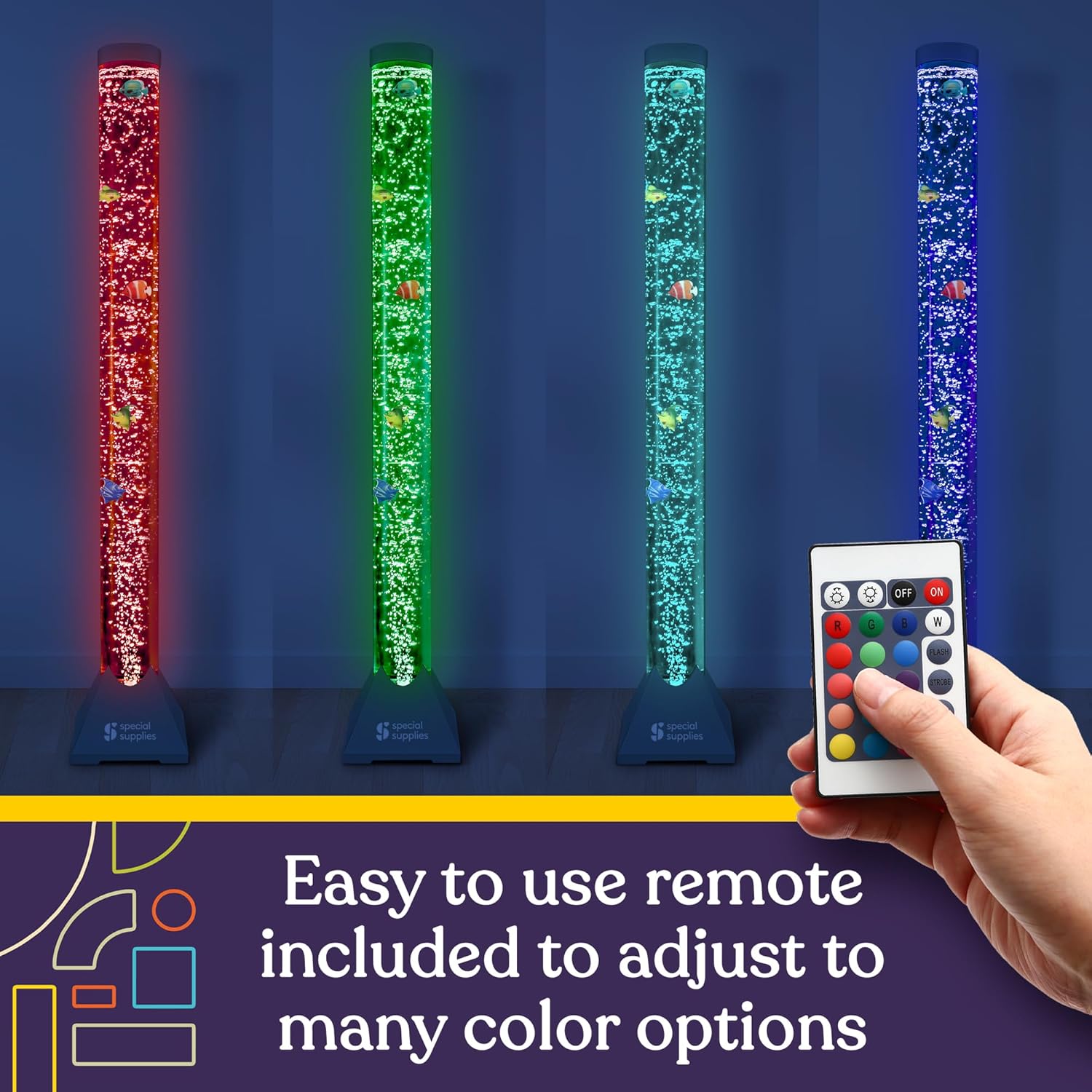 Special Supplies Aquarium Sensory Fish Bubble Light Tube with 16 LED Color Changing Nightlight Effect, Remote Control, and 8 Fishes, Colorful Floor Standing Lamp for Kids and Adults (4 feet)