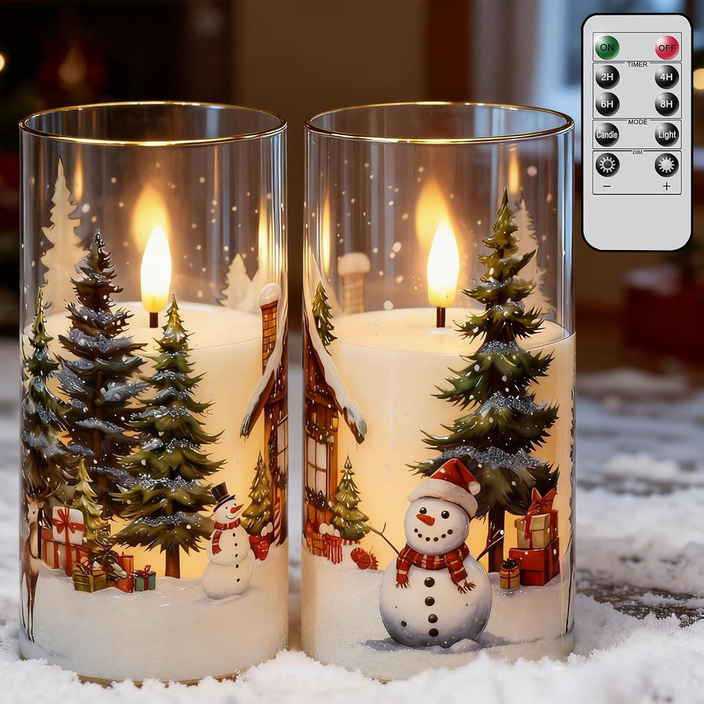 GenSwin Christmas Flameless Candles with Remote Timer, Set of 2 Christmas LED Glass Battery Operated Candles with Cedar, Snowman, Reindeer, Snowy House Decals for Holiday Winter Home Decor(D3” x H6”)