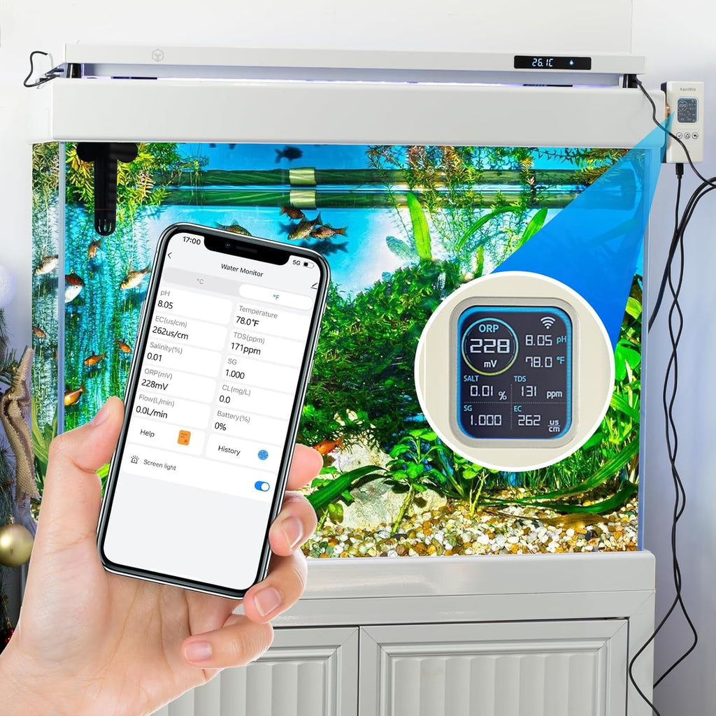 kactoily Smart Aquarium Water Monitor, Salinity pH ORP TDS EC Temp Multi-Parameter Tester for Freshwater Saltwater Fish Tanks Real-Time Alerts Upgraded Version