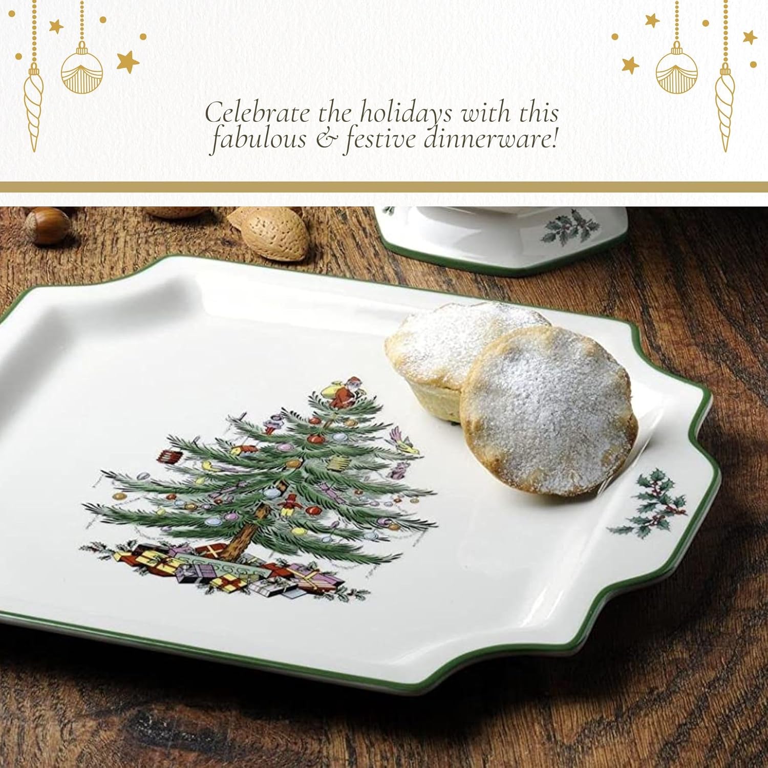 Spode Christmas Tree 12.5" Square Handled Serving Platter - Porcelain Serving Plate for Holiday Snacks, Appetizers, Buffet Displays - Microwave & Dishwasher Safe - Elegant Holiday Tableware