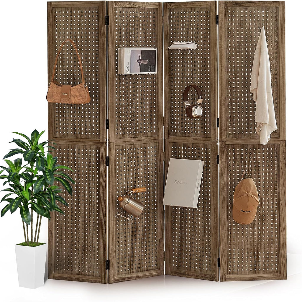 5.6Ft Wood PegBoard Room Divider 4 Panel Detachable Folding Privacy Screen Pegboard Display 33.5" 2in1 Standalone Portable Wall Divider Room Partition for Jewelry, Craft Show, Bedroom-Brown