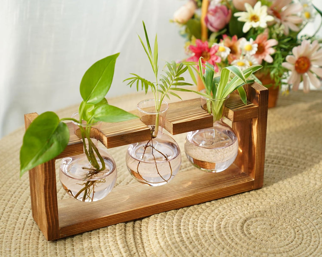 Kingbuy Glass Plant Terrarium Propagation Station - 3 Bulb Colored Vases with Retro Wood Stand Indoor Garden Planter - Wall Mounted & Desktop Decor for Home Kitchen Wedding, Gift for Plant Lover, Pink