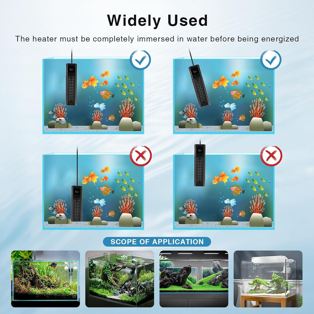 AQQA Aquarium Heater,300W 500W 800W 1000W 1200W Fish Tank Heater,59℉-93℉ Submersible Intelligence Aquarium Heater with Over-Temperature Dry Burning Protection 1000W to 135-235 Gallon