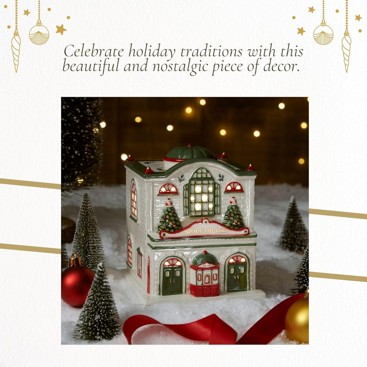 Spode Christmas Tree Miniature Village Figural Decoration, LED Lighted Christmas Village Set, Ceramic Holiday Decor - Dolomite Collectible for Indoor Display (Theatre)