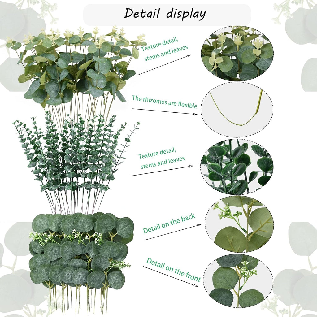 Abzo 90 Pcs 3 Kinds Mixed Eucalyptus Stems Bulk Artificial Eucalyptus Leaves Sprays Faux Oval Eucalyptus Greenery Stems for Wedding Vase DIY Bouquets Bouquet Floral Arrangement Home Decor
