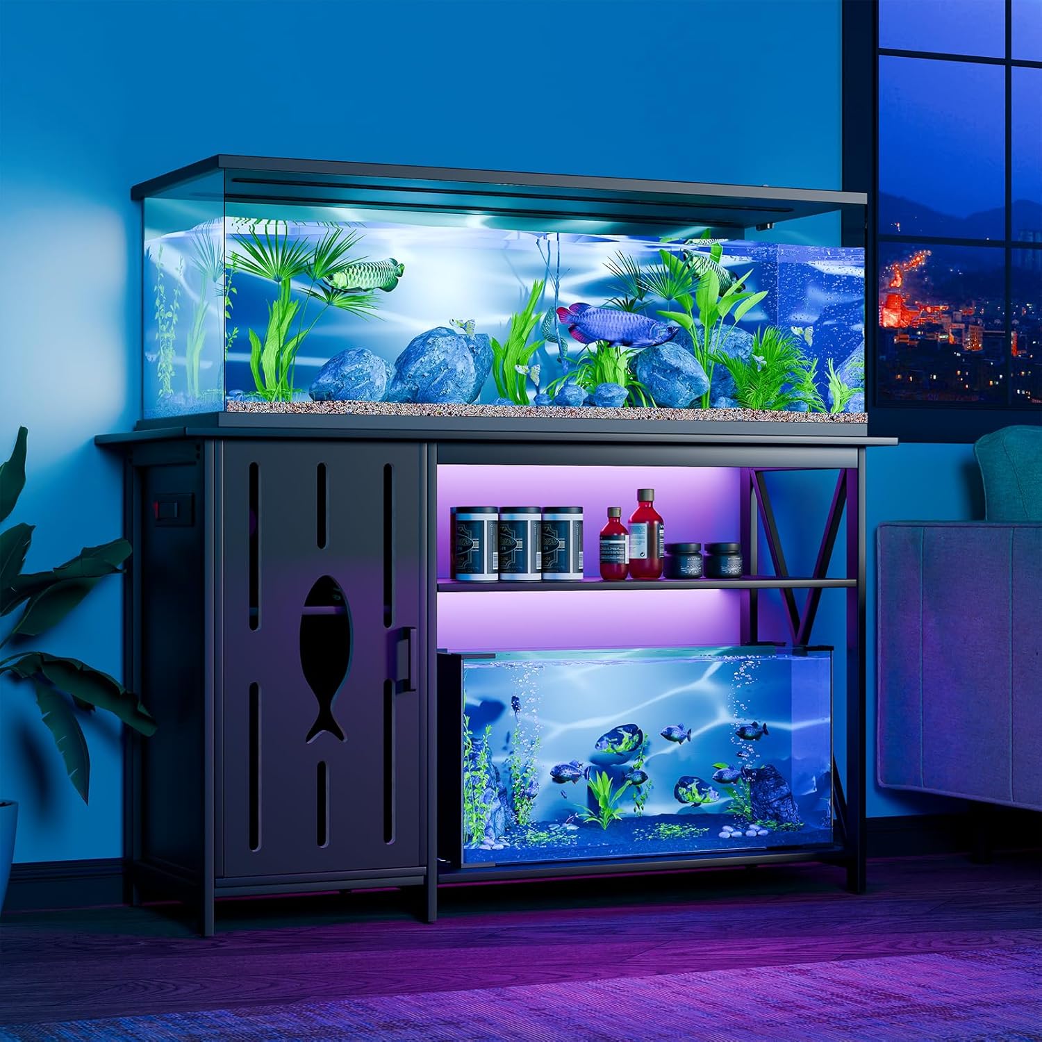 55-75 Gallon Aquarium Stand with Power Outlets,Fish Tank Stand with Cabinet&LED Light,Aquarium Stand for Fish Tank/Turtle Tank/Reptile Terrarium,1100LBS Capacity,Black