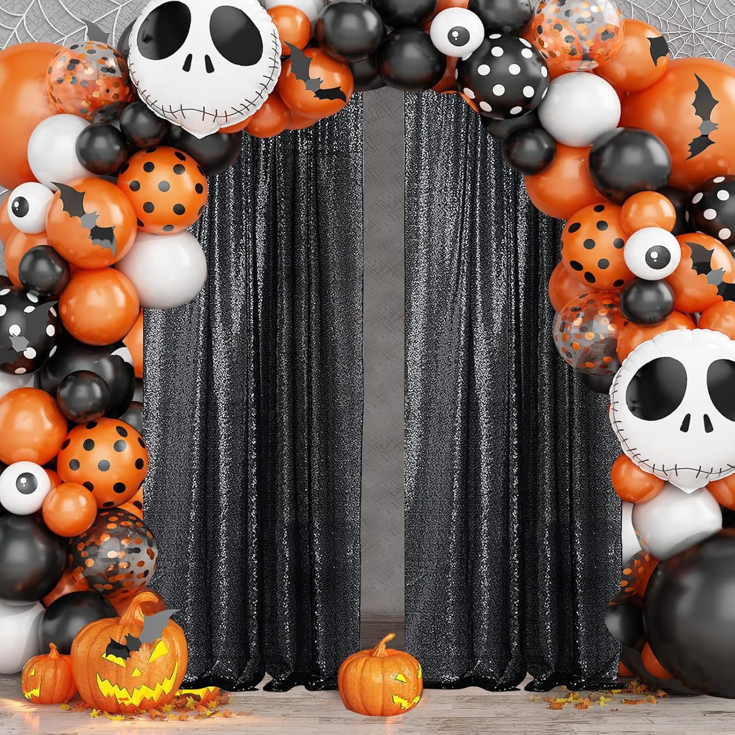 Sugargirl Halloween Black Sequin Backdrop Curtain 2 Panels 2FTx8FT Glitter Black Background Drapes Sparkle Photography Backdrop for Party Wedding Birthday Wall Decoration