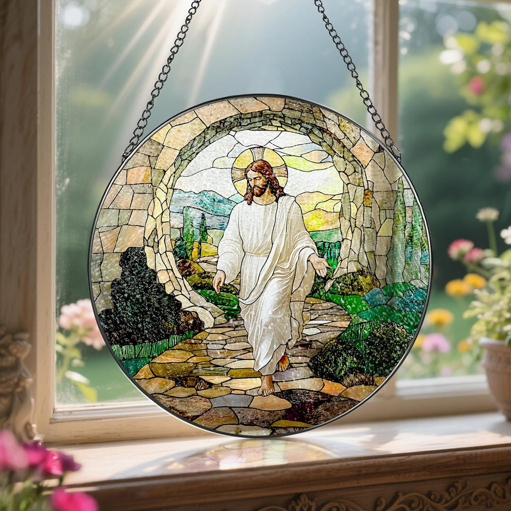 8 Inch He is Risen Resurrection of Jesus Stained Glass Suncatcher, Stained Glass Window Hanging, Sun Catchers Indoor Window Decor and Christmas, Christian Gift, Religious Gifts, Christian Home Decor