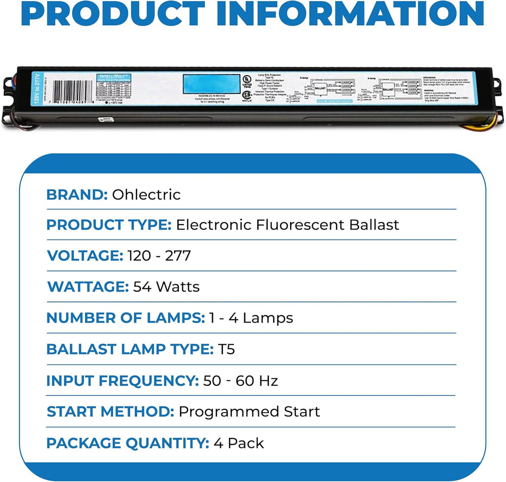 OHLECTRIC Replacement for ICN-4S54-90C-2LS-G, 4 Lamp, T5 Fluorescent Electronic Ballast (4-Pack) 120-277 Volt - Instant Start - Standard and Energy Efficient Ballasts, UL Approved (4)