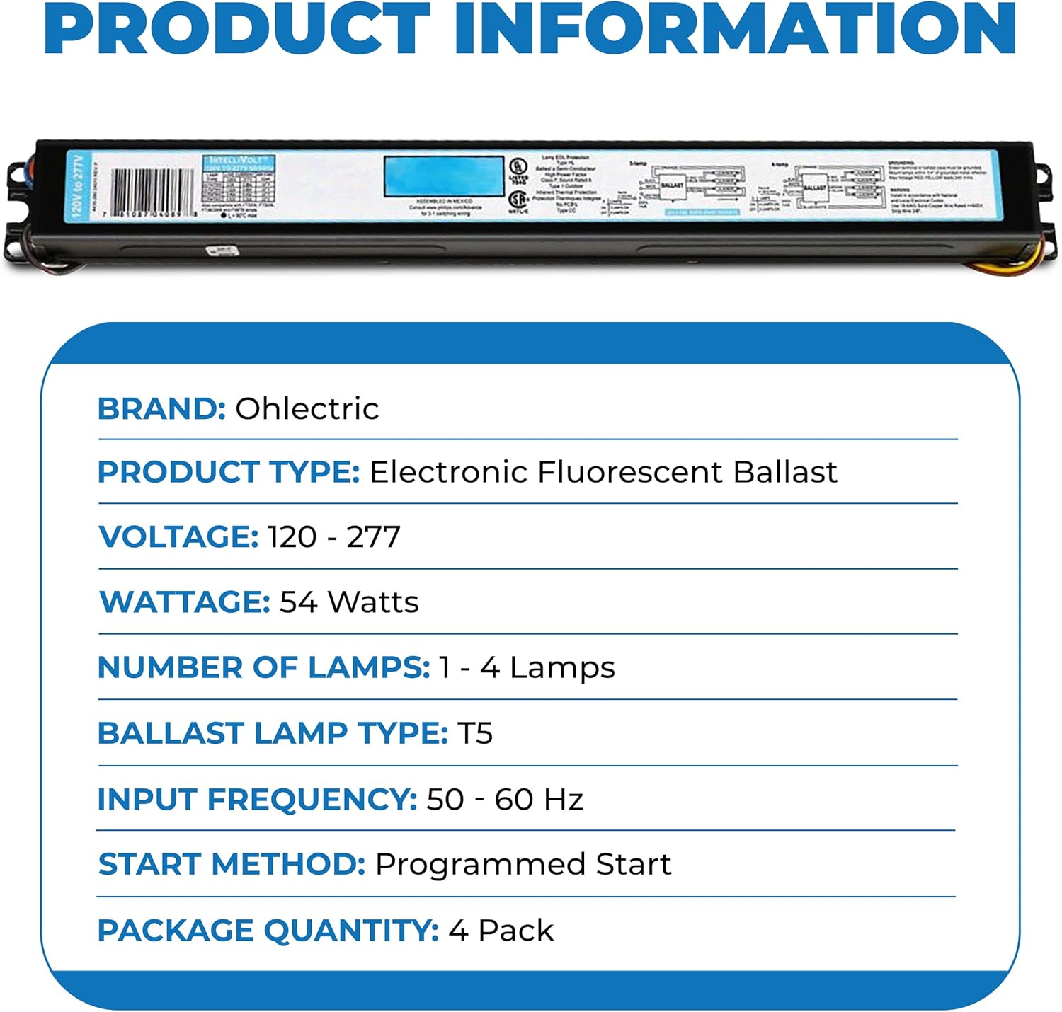 OHLECTRIC Replacement for ICN-4S54-90C-2LS-G, 4 Lamp, T5 Fluorescent Electronic Ballast (4-Pack) 120-277 Volt - Instant Start - Standard and Energy Efficient Ballasts, UL Approved (4)