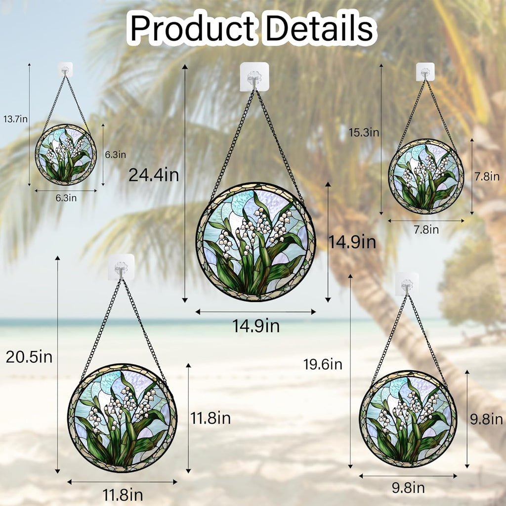 Stained Glass Window Hanging, White Green Lily of The Walley Flowers Sun Catcher for Door Home Decor Plants Suncatcher Christmas Mother's Day Birthday Gifts for Women Men Mom Nana 11.8 in
