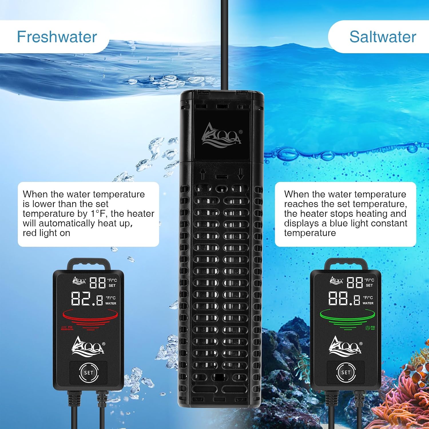 AQQA Aquarium Heater,300W 500W 800W 1000W 1200W Fish Tank Heater,59℉-93℉ Submersible Intelligence Aquarium Heater with Over-Temperature Dry Burning Protection 1000W to 135-235 Gallon
