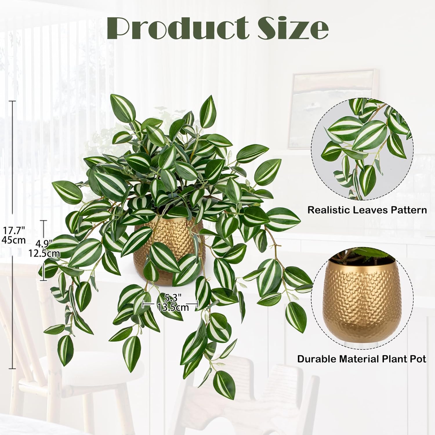 Briful Faux Plants Indoor 17.7in Fake Watermelon Peperomia Plant in Gold Pot with Realistic Silk Green Leaves Artificial Potted Plant for Home Office Table Shelf Desk Modern Room Decor