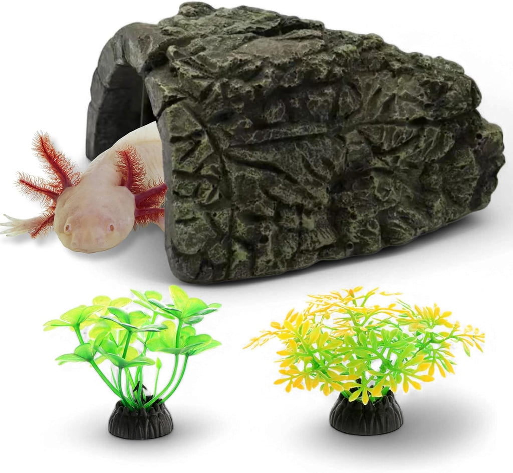 Axolotl Hides for Aquarium and Fake Water Plants Set, Axolotl Cave Aquarium Plastic Tree, Tortoise Turtle Hideout, Fish Tank Decor, Axolotls Tank Accessories, Turtle Tank Accessories (Plant Cave, L)