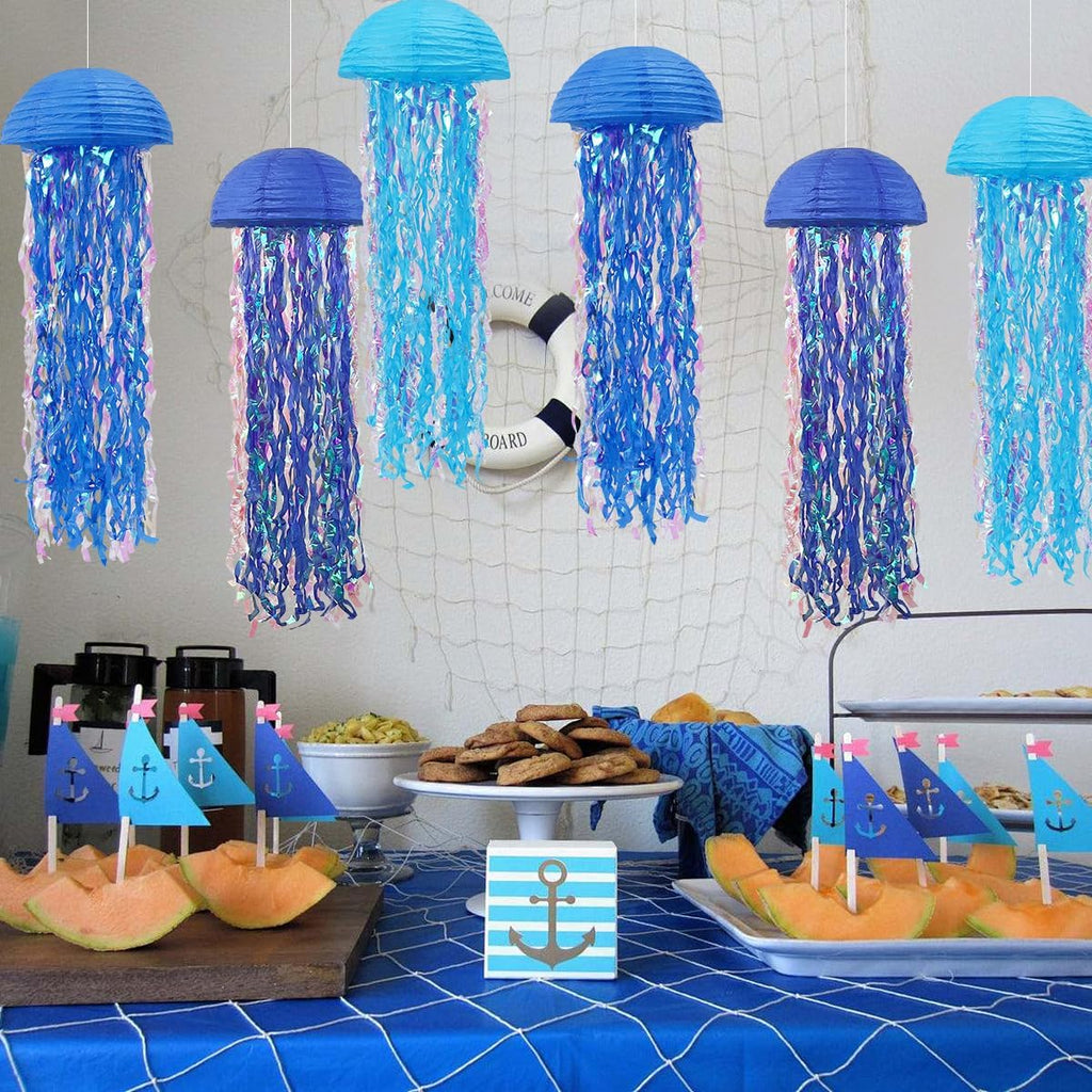Mermaid Birthday Decorations, Jellyfish Paper Lanterns for Mermaid Party Baby Shower Under The Sea Ocean Blue Birthday Party Decorations Pack of 6 Blue