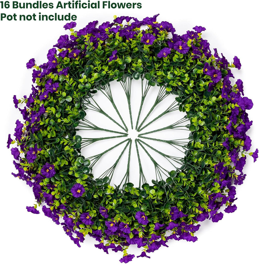 Artificial Faux Flowers for Outdoor 16 Bundles Boxwood Fake Morning Glory for Planter,UV Resistant Fake Flowers for Home Porch Patio Outside（Purple）