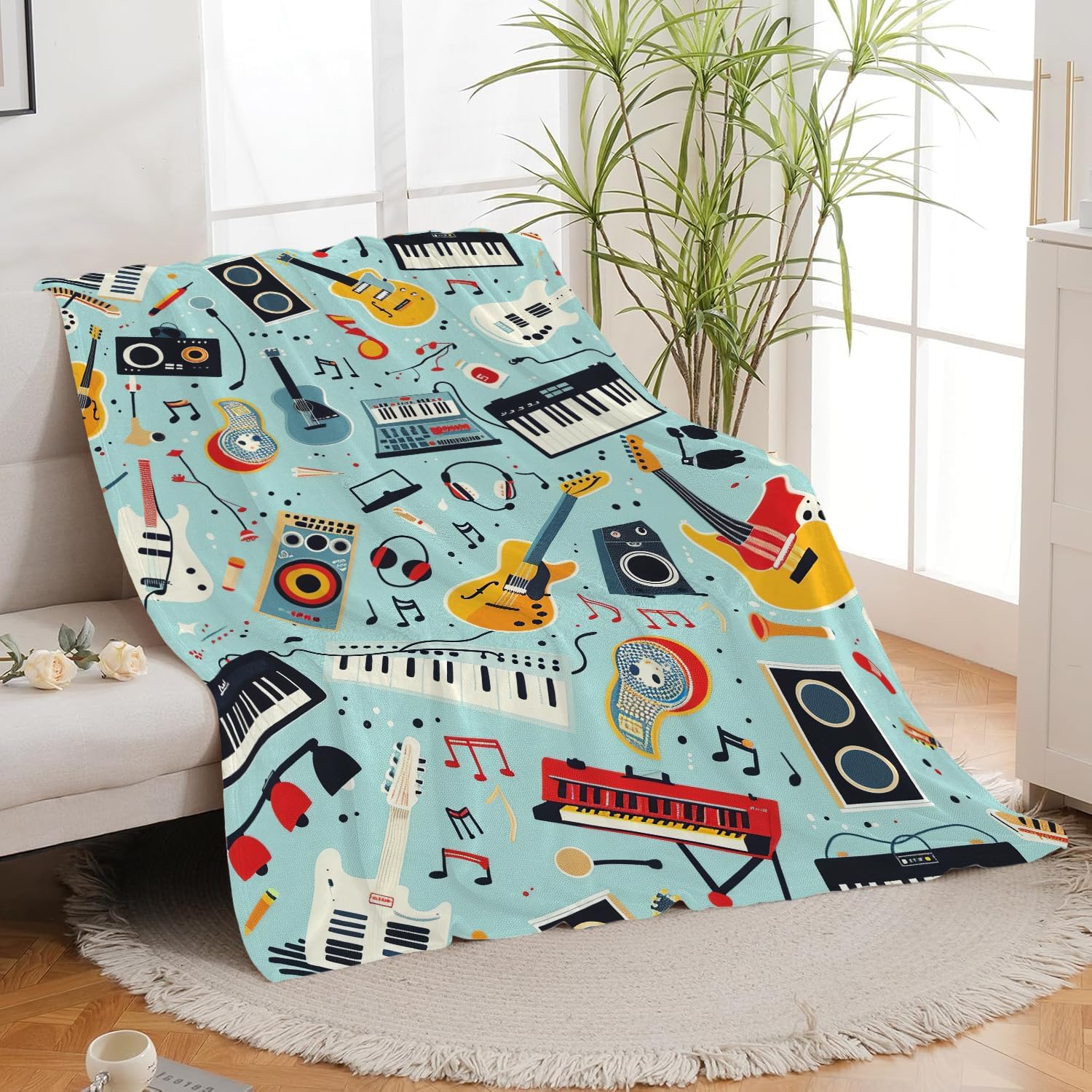 Music Blanket Musical Instruments Note Throw Blanket Gifts for Music Lovers Adults Men Women Kids Boys Girls Super Soft Cozy Plush Fluffy Fuzzy Fleece Blanket Home Decor 40''X50''