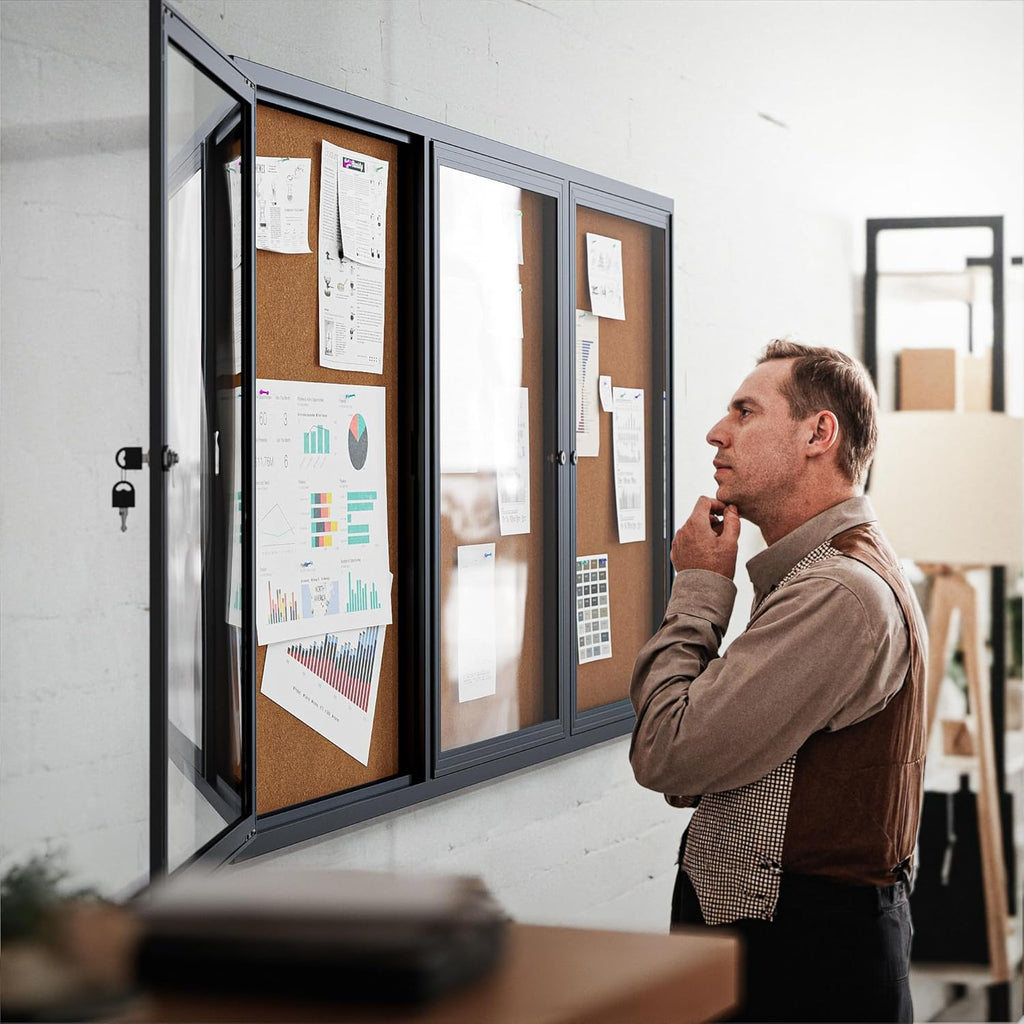 72"x36" Lockable Enclosed Bulletin Board, Outdoor Cork Weather-Resistant Aluminum Frame Notice Board, Wall Mounted Display Case Acrylic Doors for School,Office,Black Frame w/Cork