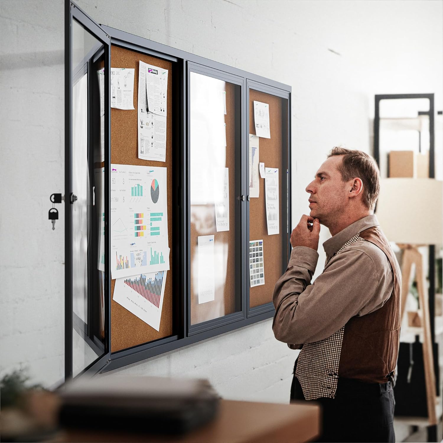 72"x36" Lockable Enclosed Bulletin Board, Outdoor Cork Weather-Resistant Aluminum Frame Notice Board, Wall Mounted Display Case Acrylic Doors for School,Office,Black Frame w/Cork