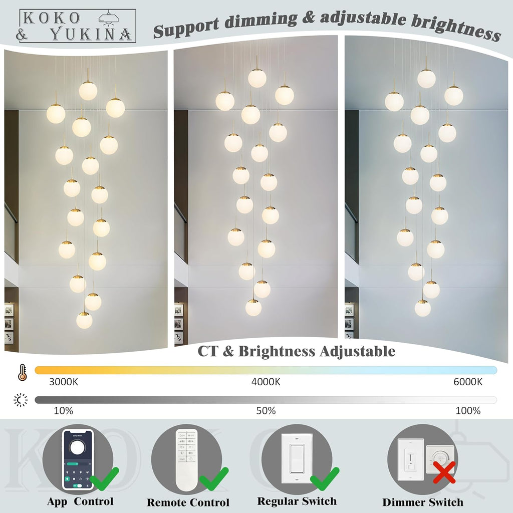 KoKo&Yukina 16-Light Gold Mid Century Modern Chandelier for Living Room Staircase Chandelier for Entryway Globe Milky White Glass Pendant Light High Ceiling Chandeliers Foyer (Bulb & Remote Incl.)