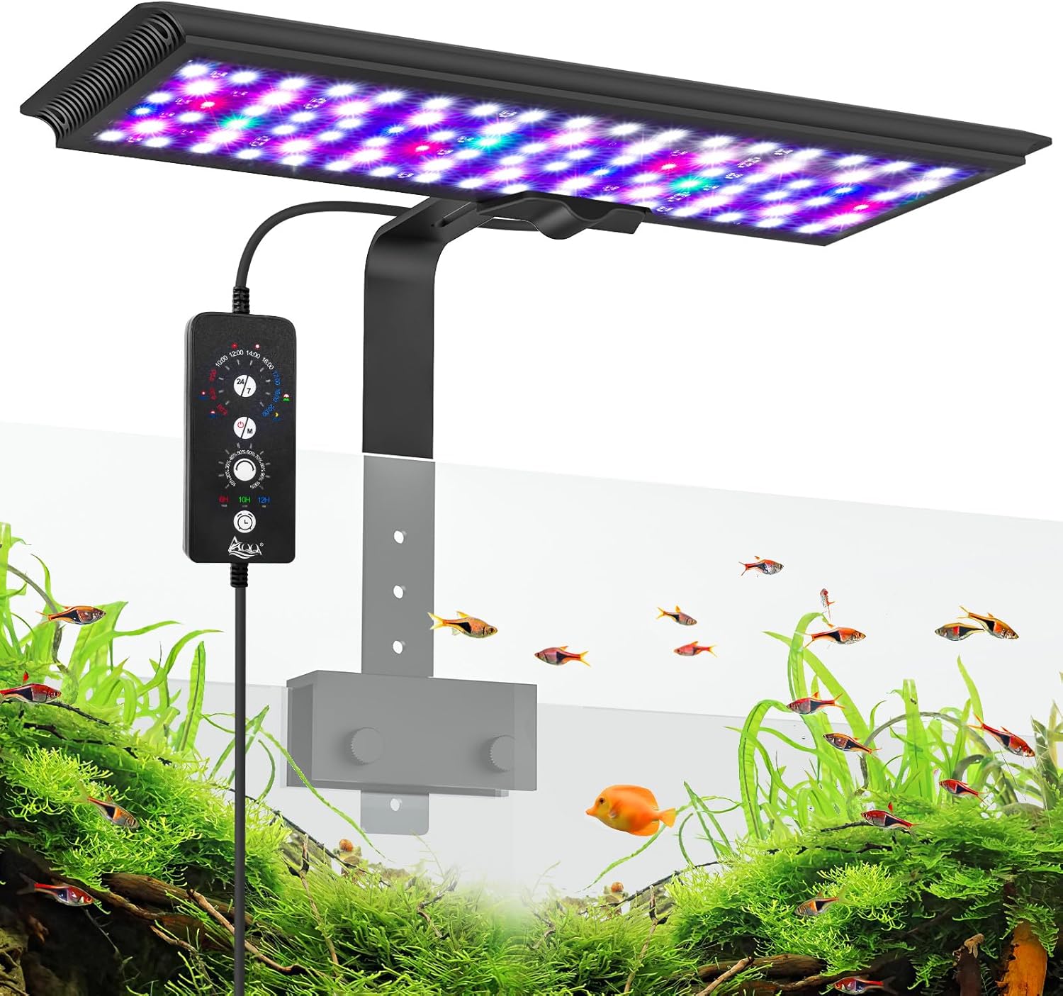 AQQA LED Aquarium Light, 24/7 Mode Clip on Fish Tank Light, DIY Mode Full Spectrum Aquarium Plant Light, Adjustable Timer/Brightness with Memory Function IP68 Waterproof (14W for 12-18 Inch Fish Tank)