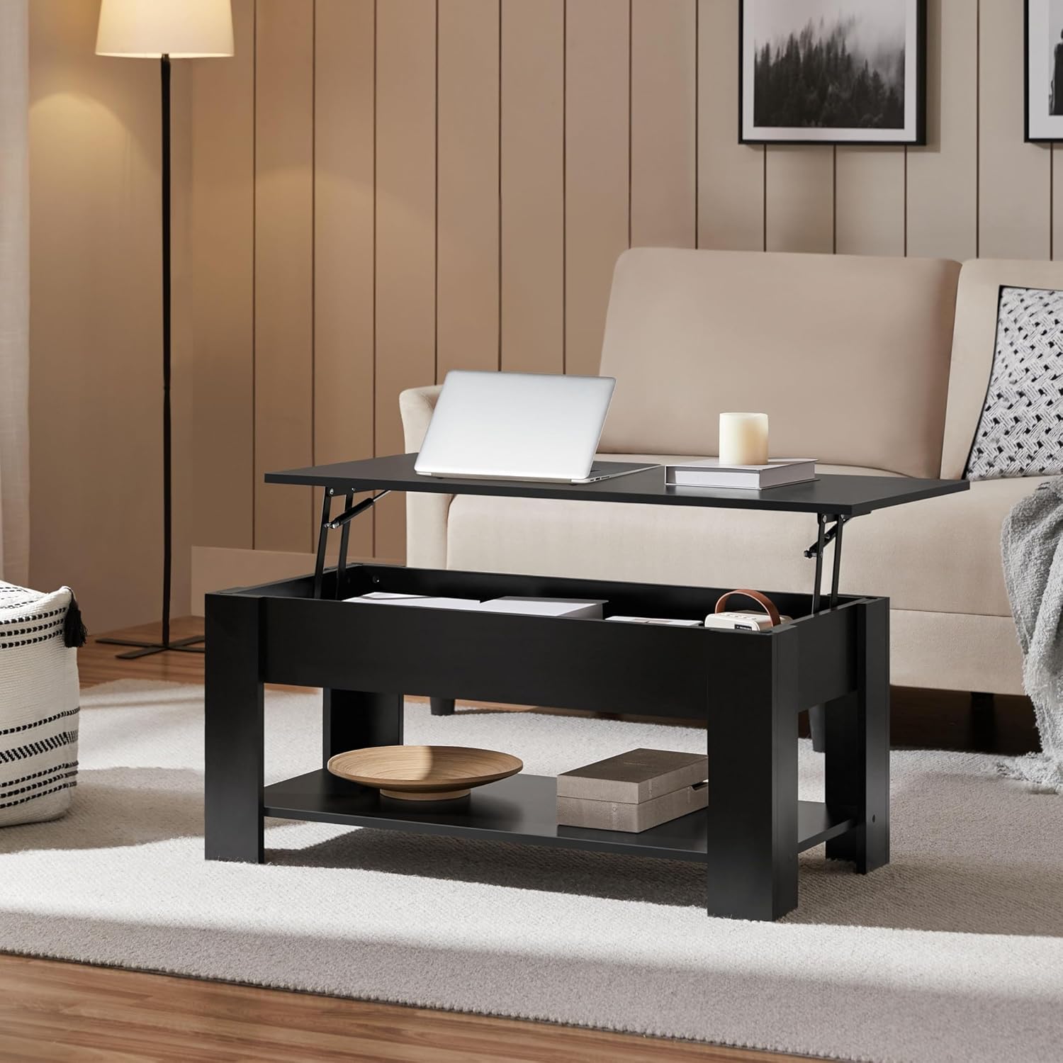 Yaheetech Wooden Coffee Table, Lift Top Coffee Table with Large Hidden Storage Shelf, Lift Tabletop Dining Tables for Living Room, Home Small Space, 38.6in, Black
